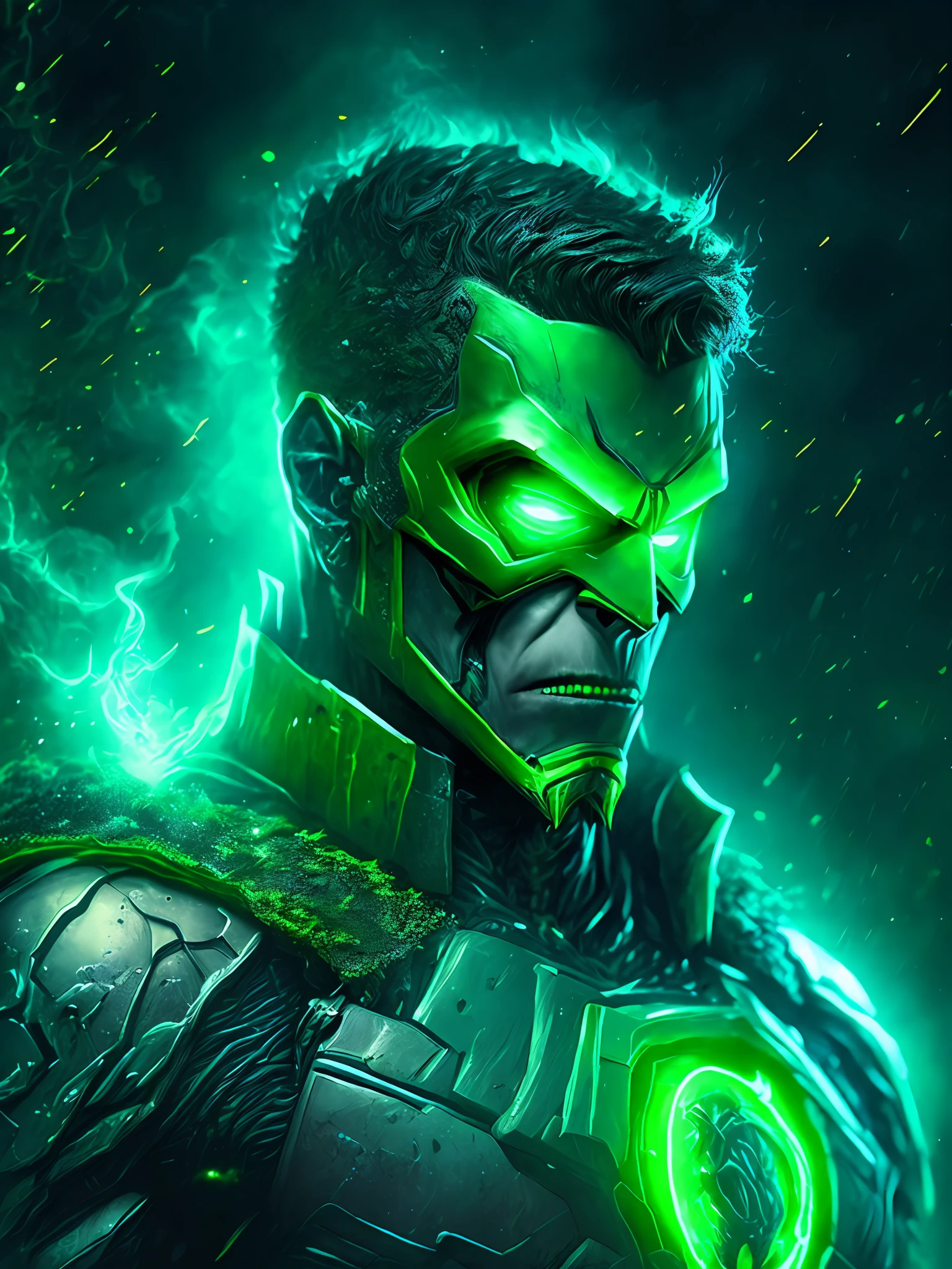 gloomy portrait of Zombie Green Lantern from DC, extremely detailed, futuristic cityscape, nighttime, glowing neon lights, smoke, sparks, metal shavings, flying debris, blue energy effects, volumetric light