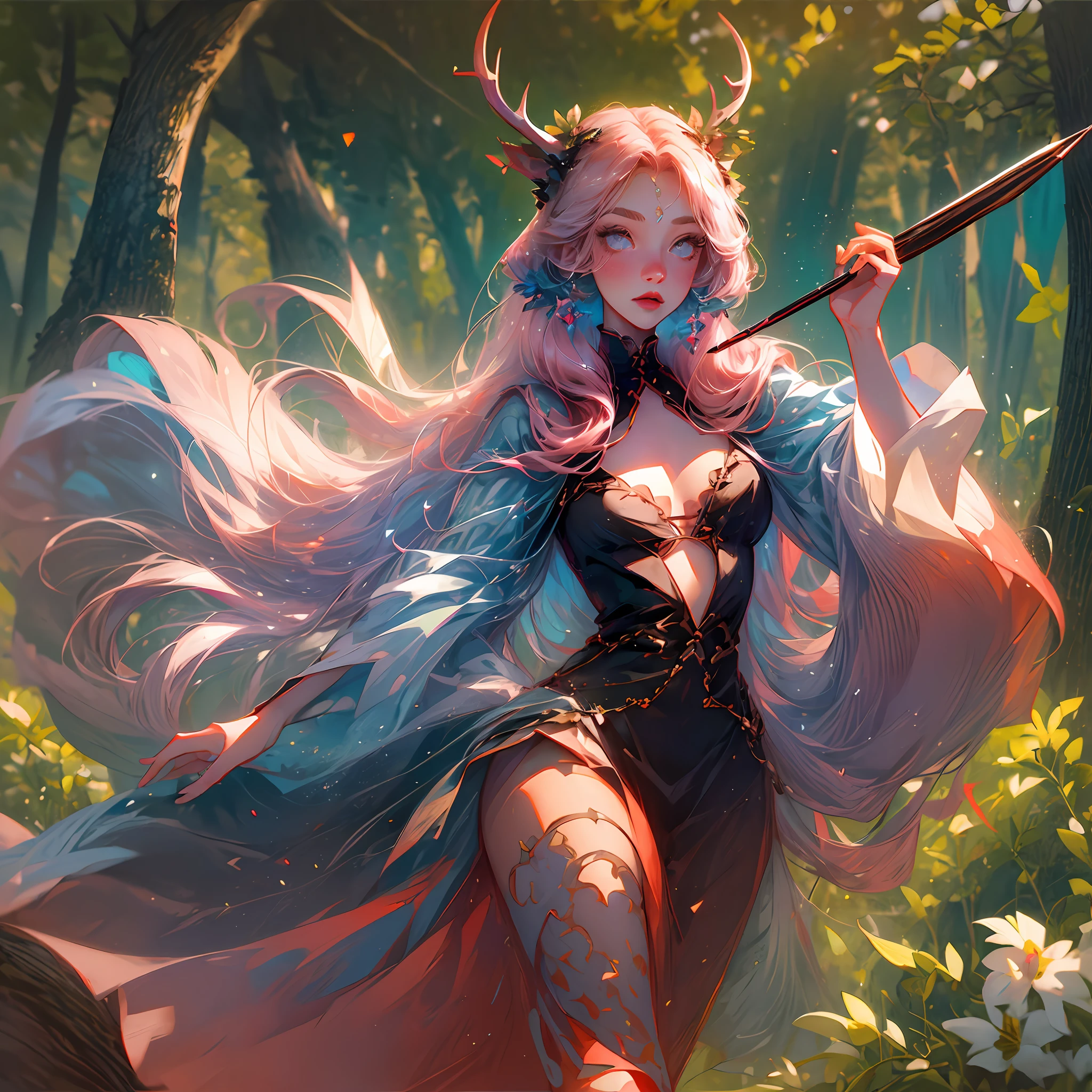 (best quality, masterpiece), 1girl, pose, particle, wind, flower, upper body, simple background, looking at the viewer, galaxy, perfect eyes, sexy lingerie, boldness, potato garters, hand-drawn sketch illustration of a beautiful dnd ifreet djinn girl with hot pink hair and golden stretch marks, waist-length hair, golden eyes, rosy cheeks, Natural red lips, long eyelashes, deer antlers, flowers in the hair, elegant clothes, blue skin, illustration, watercolor ink sketch, full body, bow and arrow pose, in the forest, firepower in hand. --auto --s2