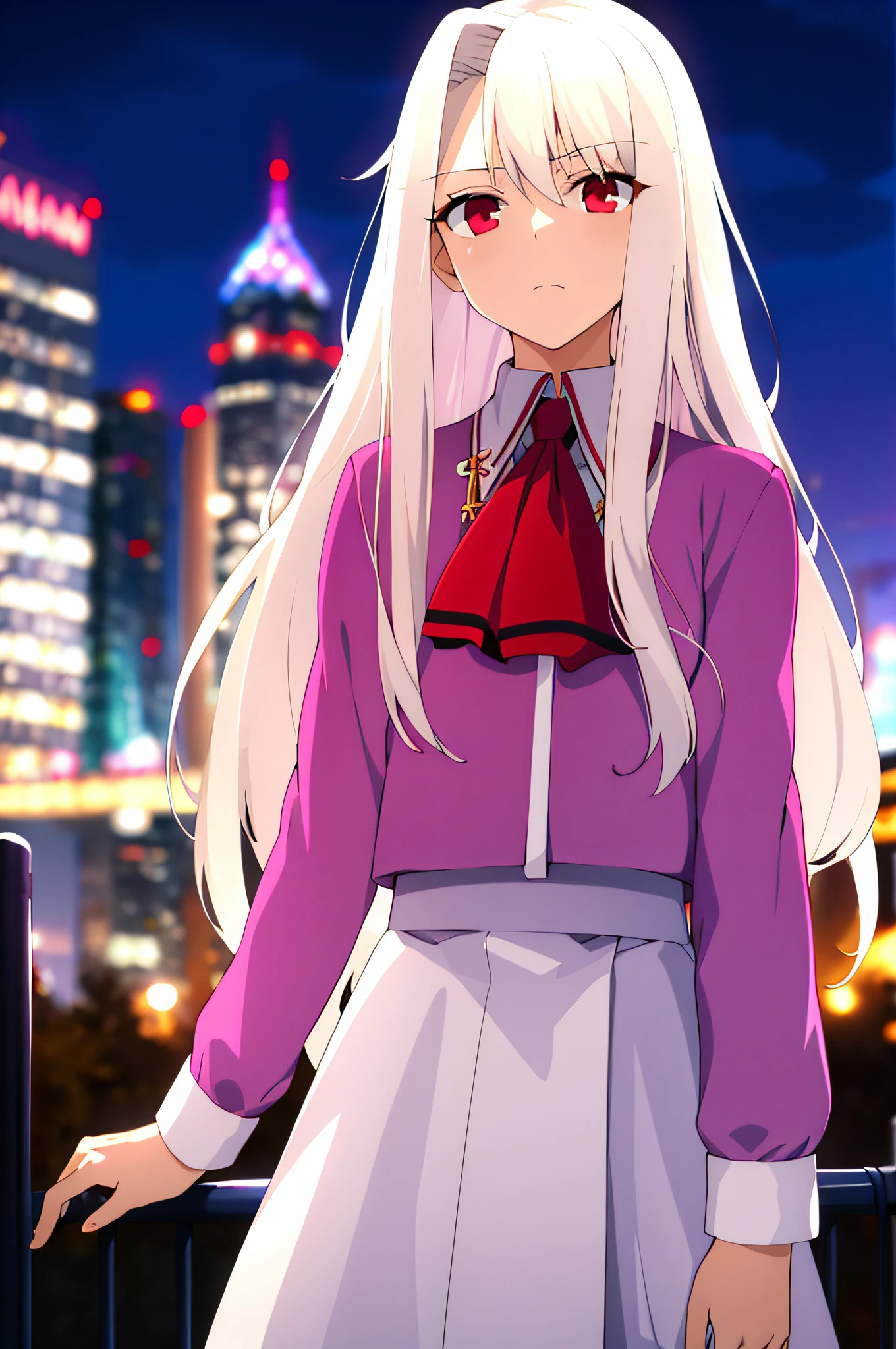 (masterpiece:1.4), (best quality:1.4), 1girl, solo, 
red eyes, white hair, long hair, (illyasviel von einzbern:1.2), bangs, hair between eyes, purple shirt, white skirt, purple ascot, frown, angry
looking at viewer, upper body, 
city, cityscape, sky, night