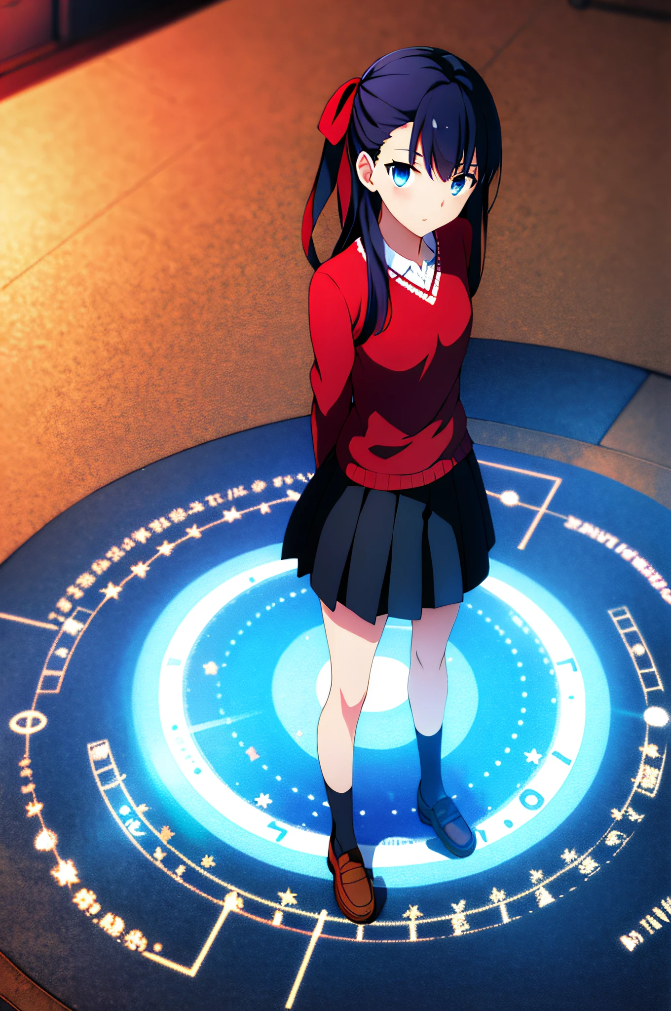 (Masterpiece:1.4), (Best Quality:1.4), 1 Girl,
Rin Tosaka, blue eyes, black hair, long hair, skirt, with two sides up, black skirt, red sweater, thighs, hair ribbon, pleated skirt, long sleeves, brown footwear,
If you look at the viewer, you can see the upper body, Midnight, Basement, Western Room, Magician's Room, Summon, magic circle drawn on the floor