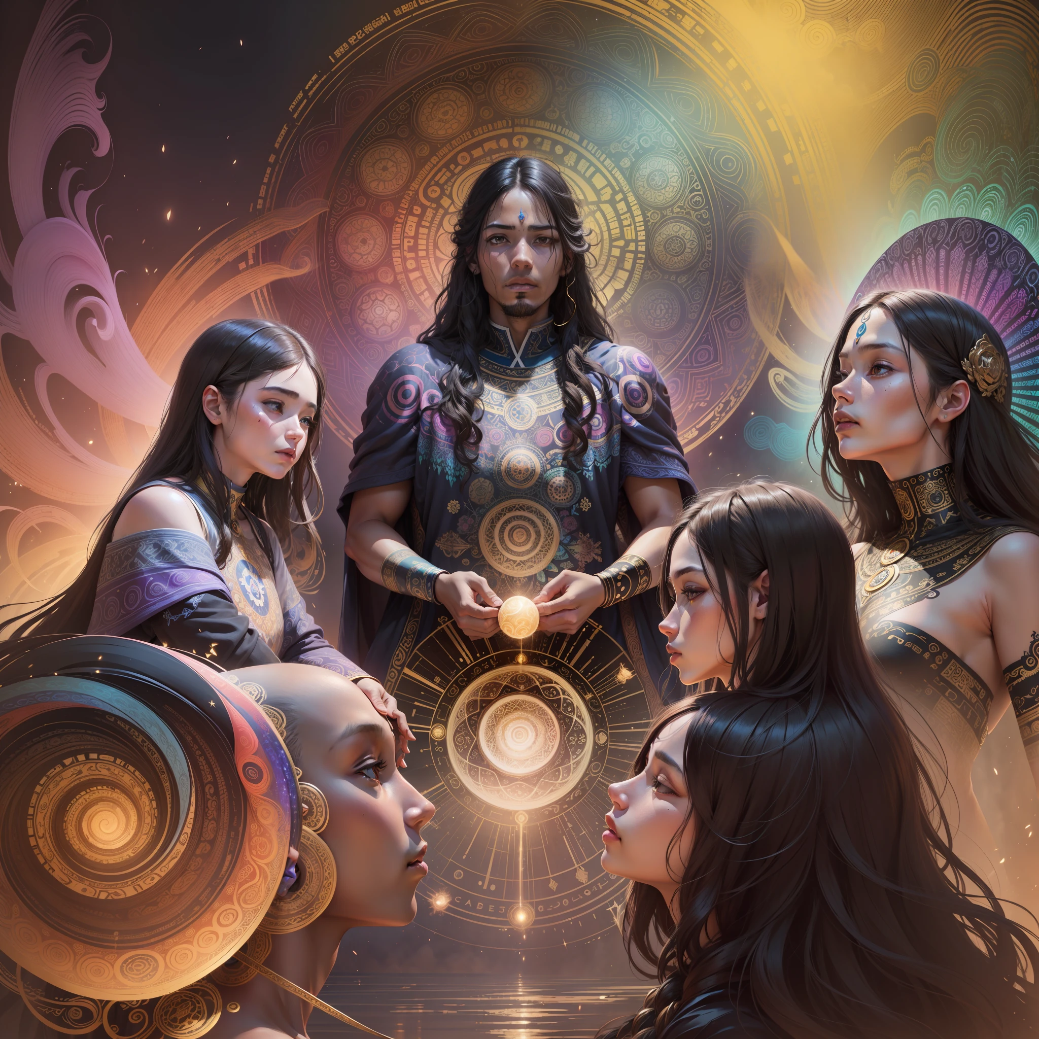 group of younger mens and womans,ethnic diversity,white people and dark skin people,ayahuasca, position in the divine flow, incredible detail meditative art, soft colorful day light, DMT, Sacred, psychedelic , psychedelic design, mystical, creative photorealistic, Cosmic, ultra-realistic, hyper-realistic, ethereal ennergy of color Power Rage, Aura, becoming spiritual, ultrarealistic photorealistic, 8k resolution, artstation. Everything around us have a vision, ayahuasca, spiritual nature, ultra high resolution, hypereallistic cover photo awesome full color, hand drawn, dark, gritty, realistic mucha, klimt, davinci,intricate, cinematic, Rough sketch, mix of bold dark lines and loose lines, bold lines, on paper , real life human.
