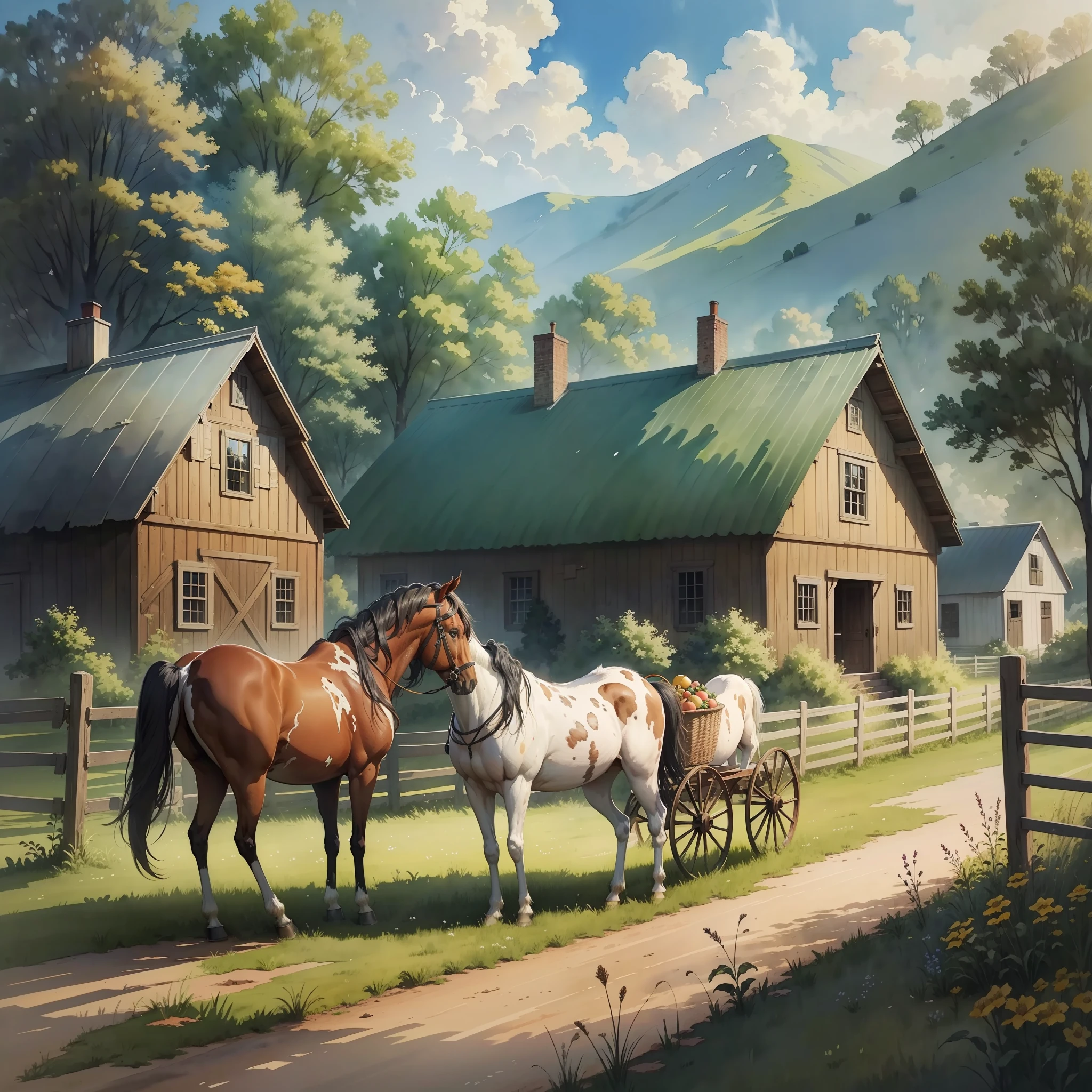 watercolor, farmhouse, farm, horses in the background, open field, watercolor style, (yellow) digital art, official art, windblown, masterpiece, beautiful, ((watercolor)), paint splatter, intricate details. Great detail, [dripping: 0.7], Trending on Artstation