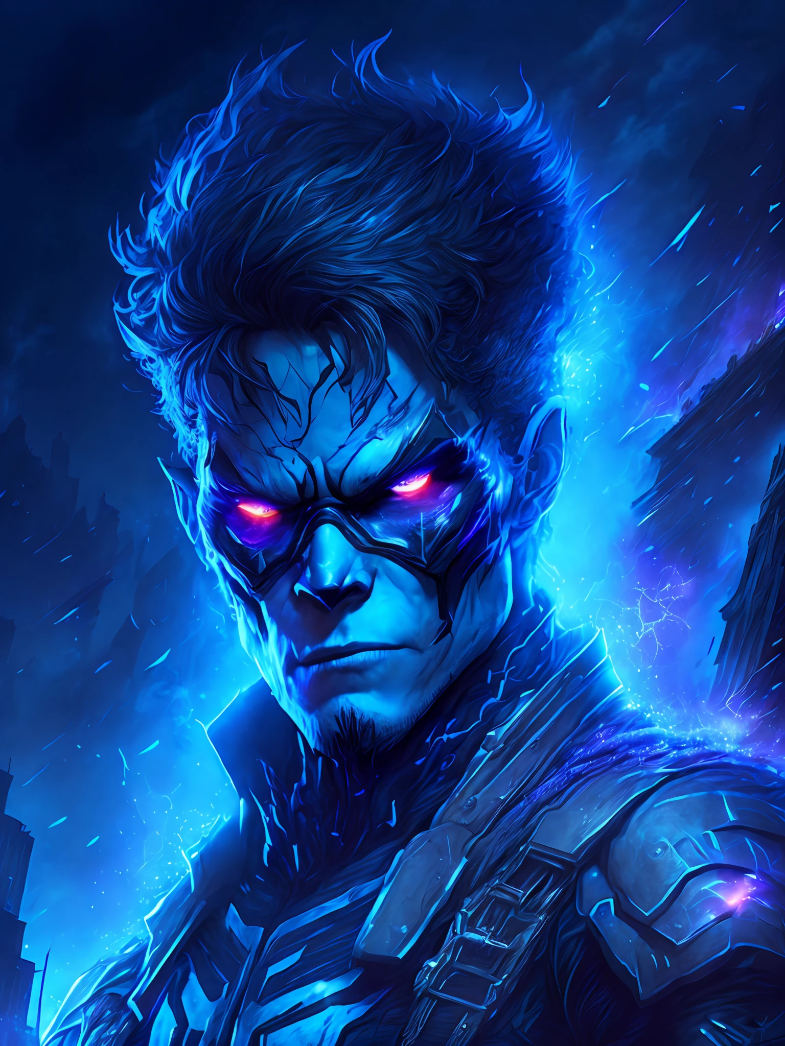 gloomy portrait of Zombie Nightwing from DC, extremely detailed, futuristic cityscape, nighttime, glowing neon lights, smoke, sparks, metal shavings, flying debris, blue energy effects, volumetric light