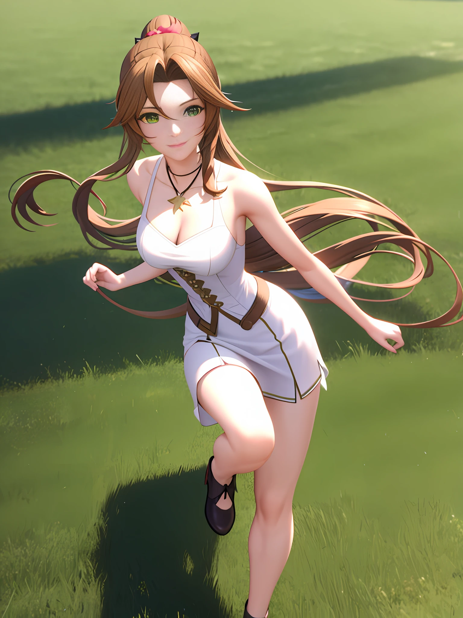 Beautiful Aerith Gainsborough in the style of Honkai Star Rail, Outdoors, Running through field, looking at viewer, 3d, realistic lighting, shadows