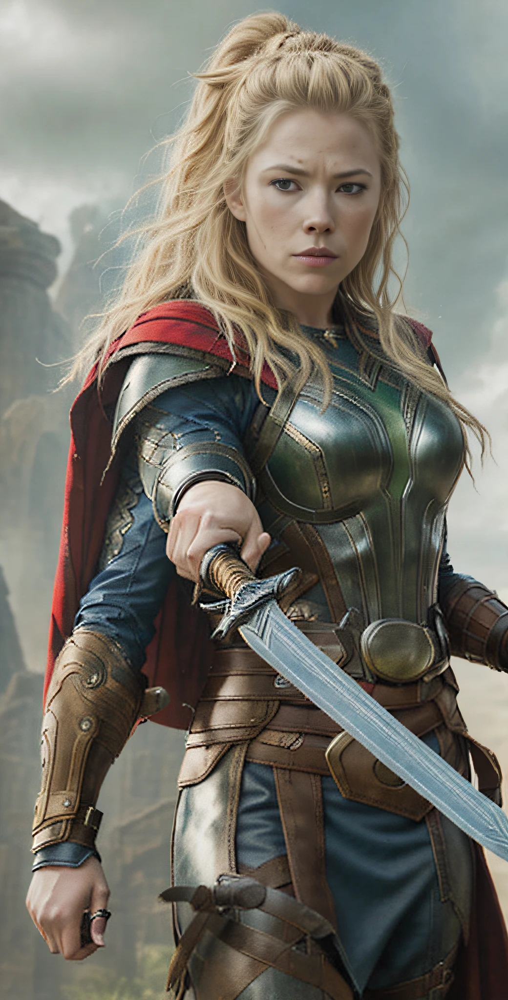 a close up of a woman in a costume with a sword, starring in thor ragnarok film, thor, film still from 'thor', asgardian, thor 2 marvel film, wearing thunder armor, donald trump as thor, medium close - up ( mcu ), elon musk as thor, asgard, wearing norse armor, god of thunder, from avengers