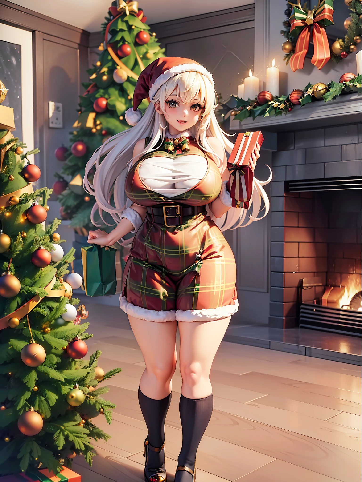 ((Full body):1.5), {1Woman}, Only {1Woman} ((with (extremely short and tight Christmas attire), holding a gift bag):1.3))), Only {1Woman} ((extremely large and firm breasts):1.3), Only {1Woman} ((looking at the viewer, with a look of happiness and manic smile on her face):1.3), ((Inside a house in front of a chimney with a large Christmas tree next to it)),  anime, anime style, 16k, high resolution, ((best quality, high details:1.5), UHD, ((masterpiece))