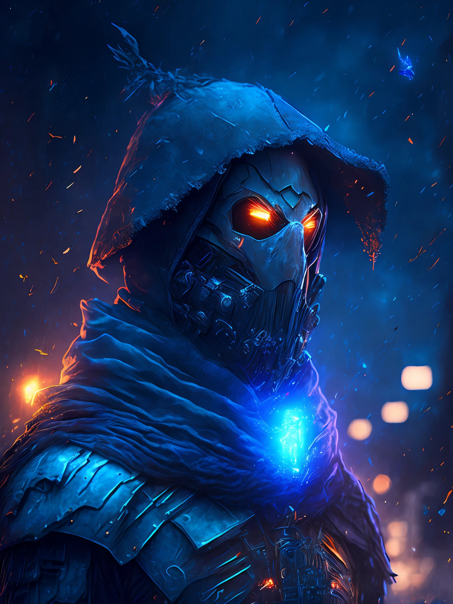 gloomy portrait of Scarecrow from DC, extremely detailed, futuristic cityscape, nighttime, glowing neon lights, smoke, sparks, metal shavings, flying debris, blue energy effects, volumetric light