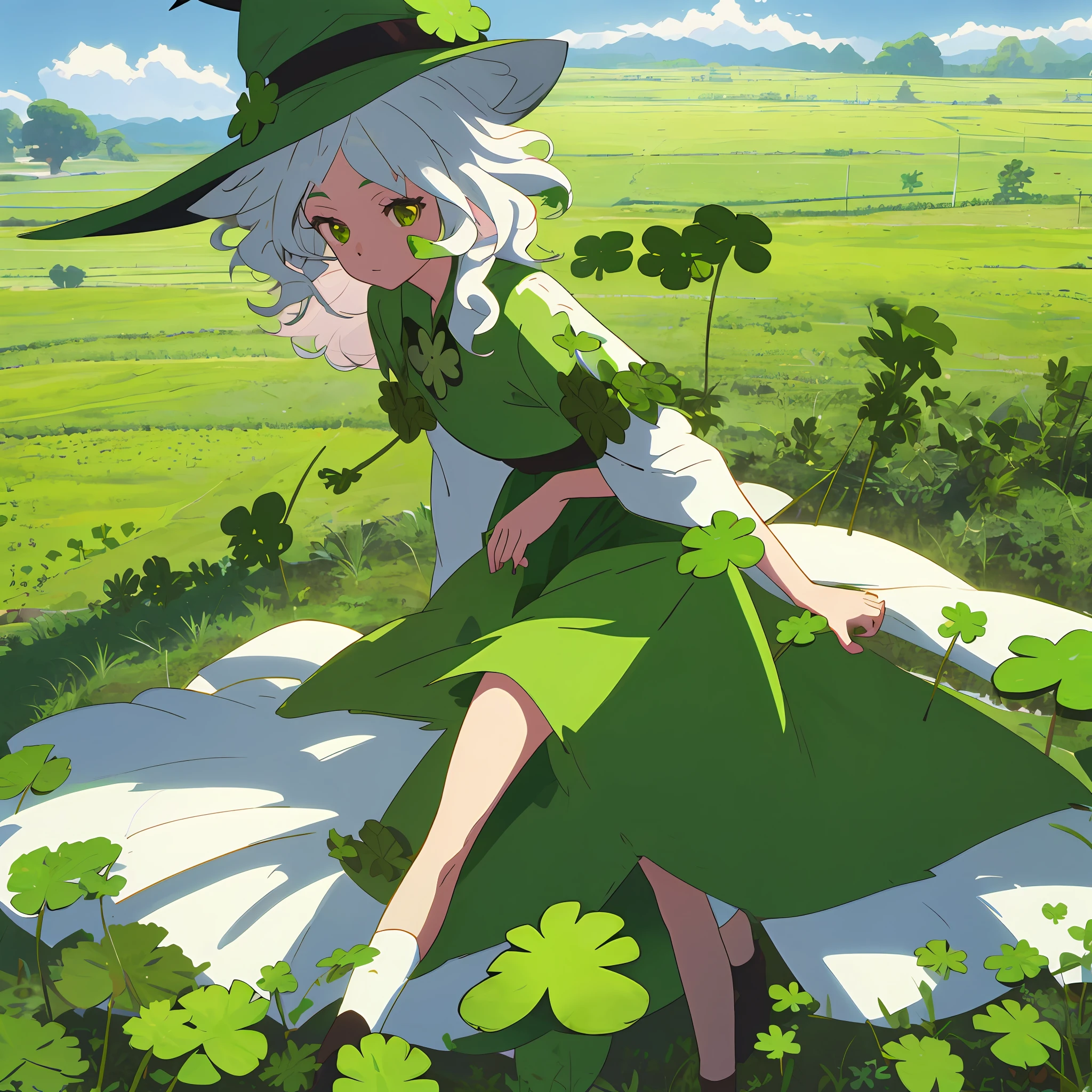 1gril,solo,anime style witch Young girl with curly white hair, green eye Green moss dress, four-leaf clover hat, field with four-leaf clovers,on a sunny day