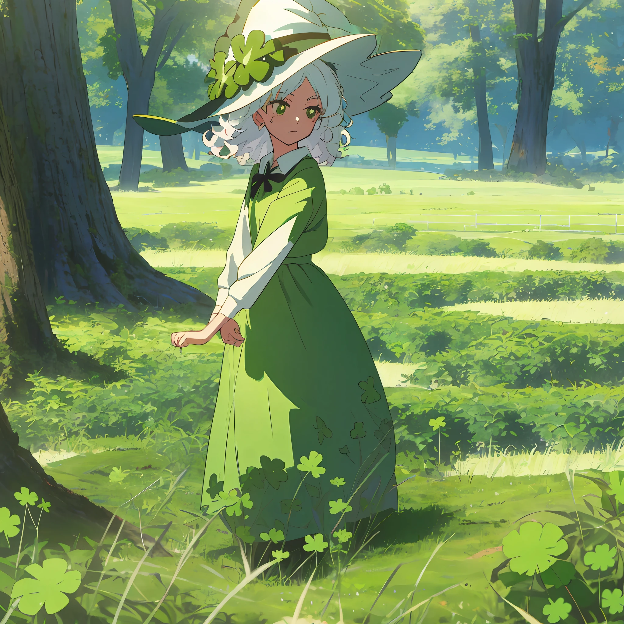 1gril,solo,anime style witch Young girl with curly white hair, green eye Green moss dress, four-leaf clover hat, field with four-leaf clovers,on a sunny day