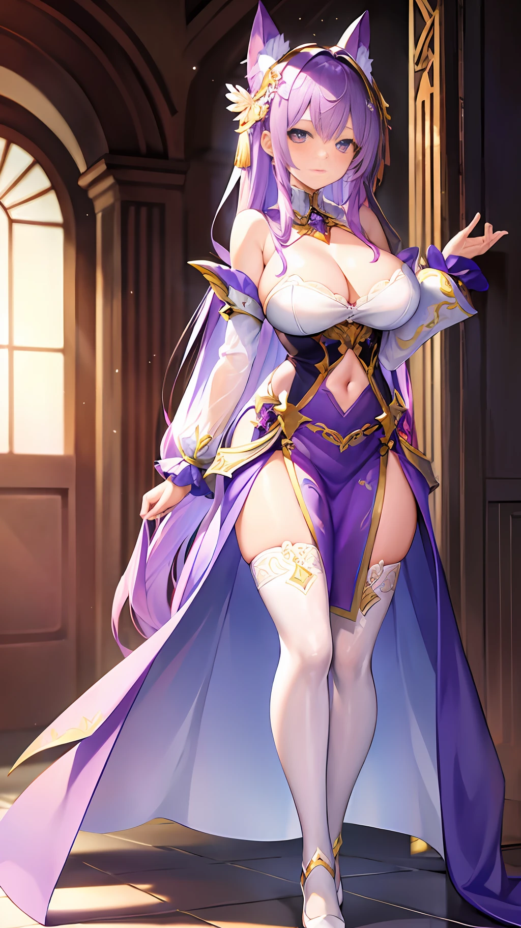 (Super high image quality rendering + super detailed character drawing) Purple hair + (translucent hair + strip dyeing) + 1 girl + fine silver collar + gorgeous costume + white stockings + long legs + ancient style school + grand background + (ray tracing + best light and shadow) + luminous object headgear (1.2) + translucent hair + forked waist + standing + magnificent landscape + big production + big scene