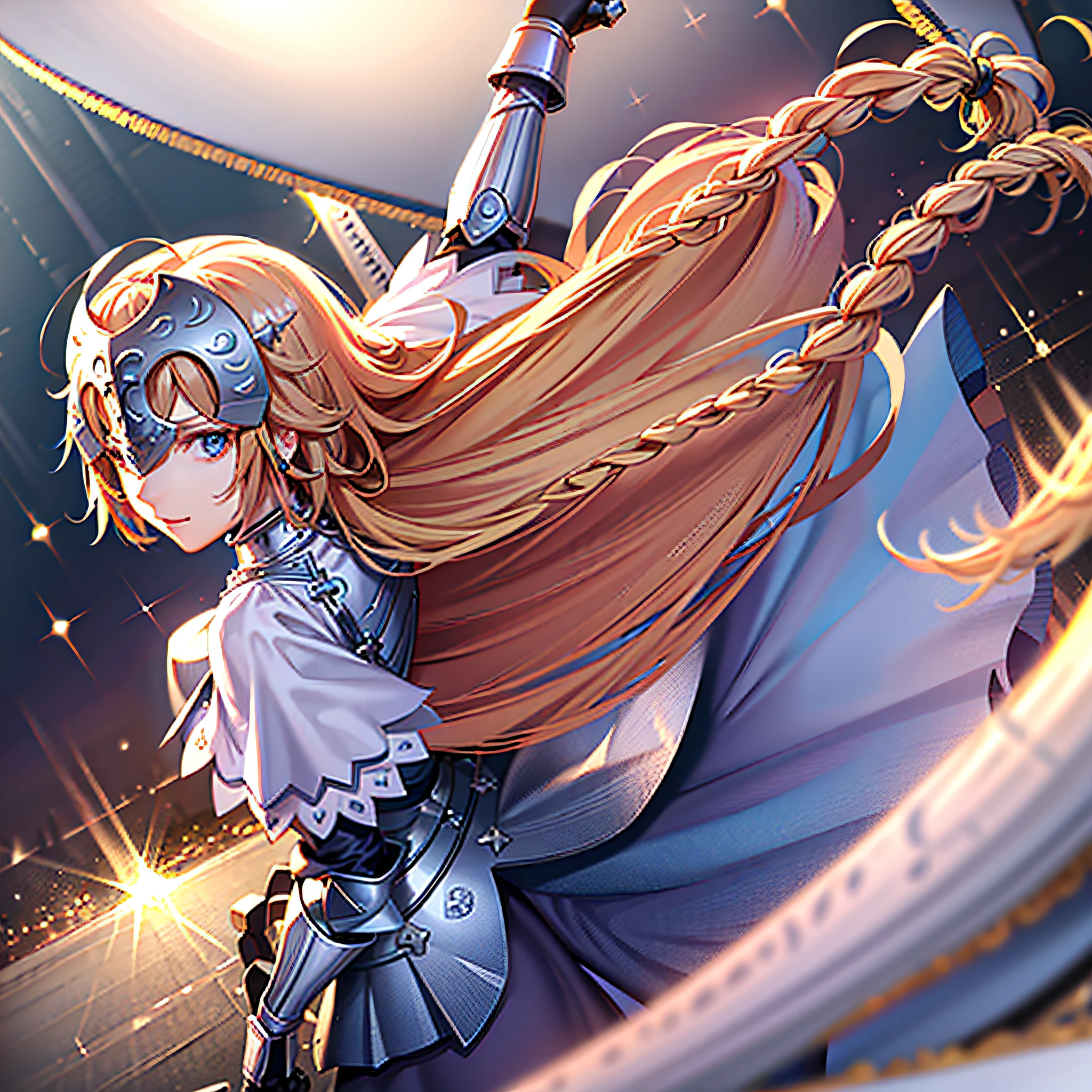 Looking at viewer, ((POV)), ((Top View)), 1girl, Jeanne D'Arc (Fate), long hair, solo, blonde hair, (ruler) (fate), armor, pantyhose, blue eyes, gauntlets, braid, armored dress, helmet, simple braid, standing still, (((Art Official, Ultra Detailed, Ultra Realistic Face, Cinematic, Best Quality, Harsh Lighting, +, ++++)))