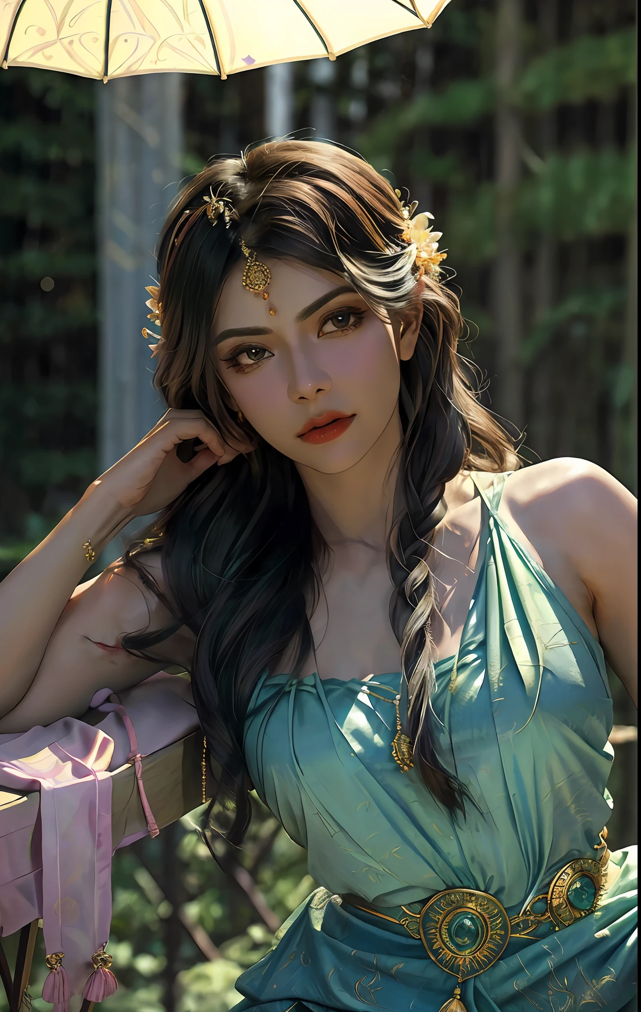 ((realistic:1.5)),((best quality)), ((masterpiece)),((detailed)), (1girl), {a beautiful female wearing a Sari}, (upper body:1.3),super-wide-angle lens,face focus, mature,sexy,toned muscles,long legs,curvy, barefoot, medium breasts, open cleavage, drooping breasts, thick thighs,wide hips, thin legs, green eyes,long black hair,floting hair,long eyelashes, (detailed face,beautiful eye, detailed pupilss,detailed clothes features, clear background:1.3), (Bindi,Jhumkas:1.3), (Armlet, Haar, Payal,Maang Tikka,Jhumkas,Kamarband,Bangles:1.3), mysterious ancient ruin, lush forests, deep canyons,bridge,river,cliff,cloud, lakes,rock,waterfalls, flowers, grass, fog,vine,tree, smoke, best shadow,bright details,sharp,perfect composistion, Intricate, Sharp focus, dramatic, by Frank Frazetta,by Julie Bell,by Olivia De Berardinis,by Luis Royo,by boris vallejo, (specular lighting:1.3),rim light, princesses, royal skimpy underwear, hugging and touching each other, teasing her friend's waist, gasping friend, biting her friend's ear lobe, squatting