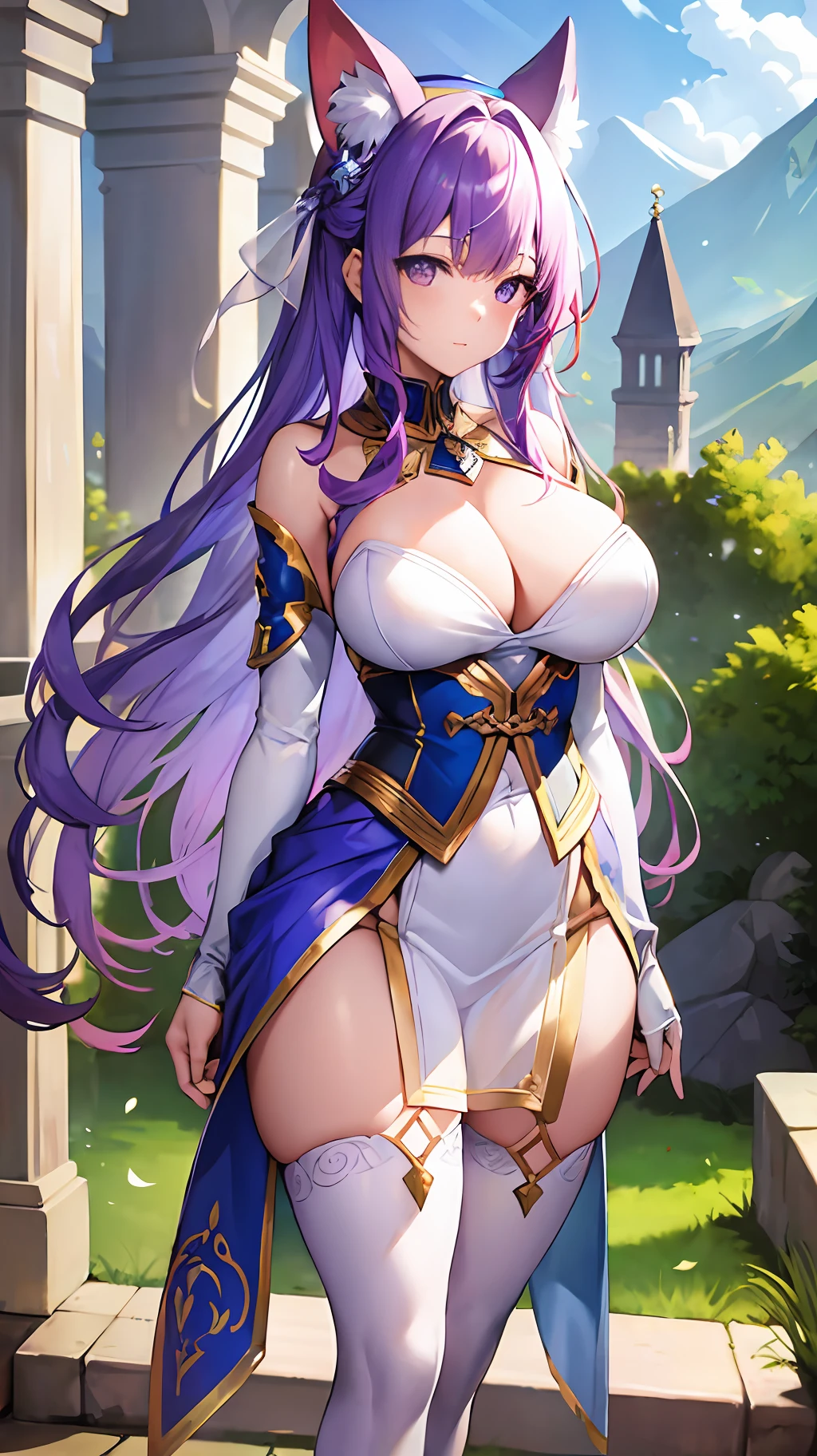 (Super high image quality rendering + super detailed character drawing) Purple hair + (translucent hair + strip dyeing) + 1 girl + fine silver collar + gorgeous costume + white stockings + long legs + ancient style school + grand background + (ray tracing + best light and shadow) + luminous object headgear (1.2) + translucent hair + forked waist + standing + magnificent landscape + big production + big scene