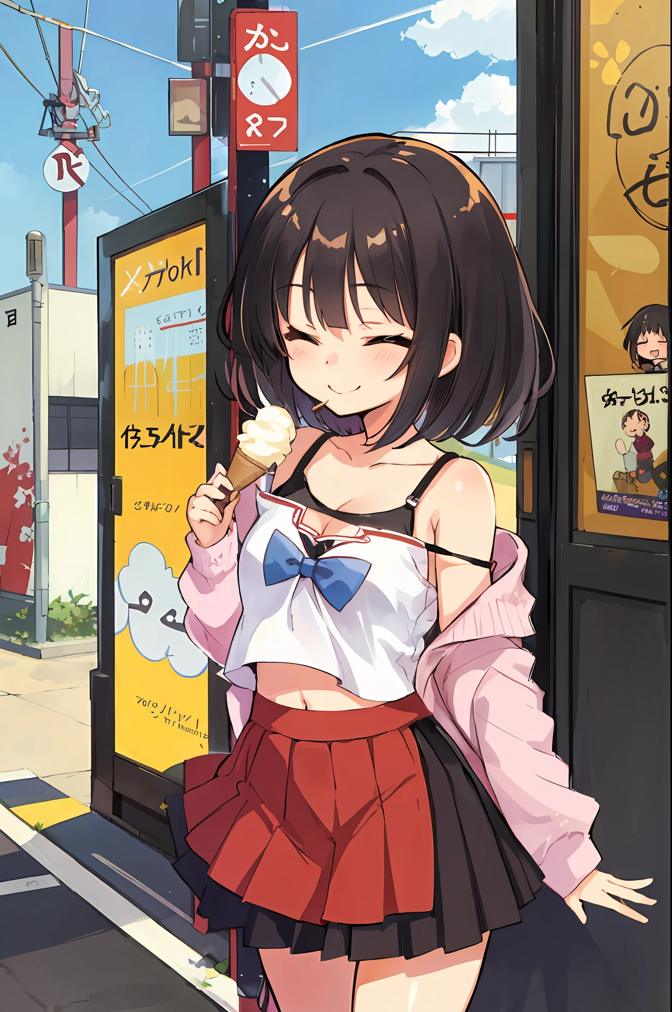 masterpiece, best quality, girl, shirt, mini skirt,, ****,18 years old,,Tokyo,Cell anime,look here,Navel look,,Short hair,skirt lift,blunt bangs,walking,cleavage,shoulder out,pixiv fan box,eat ice cream,close eyes,big smile