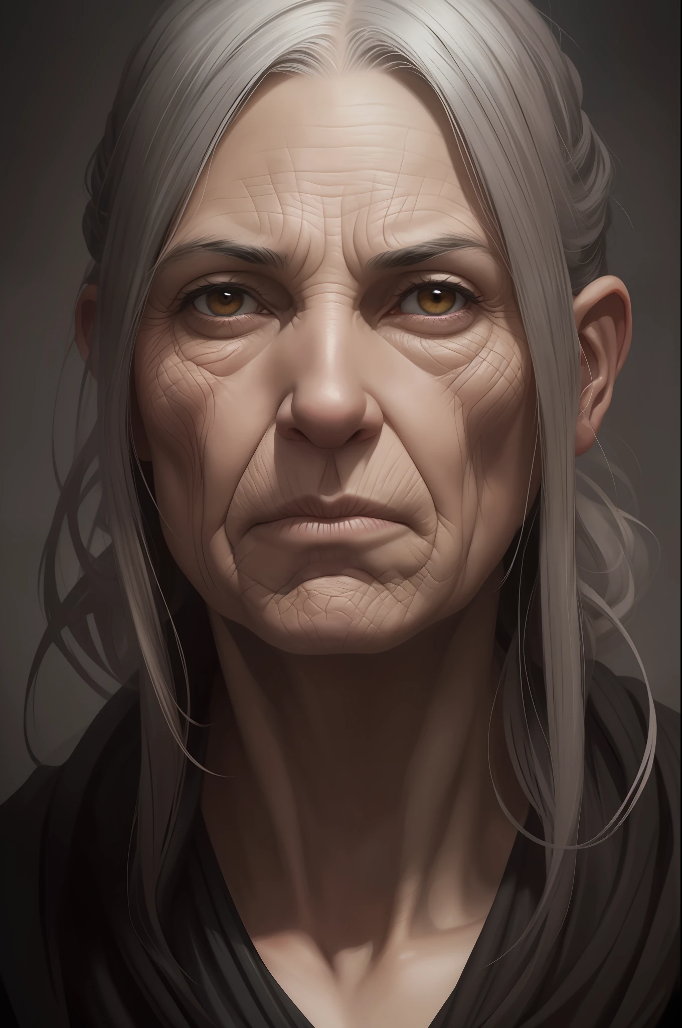 Solo, Portrait of a woman, an old witch, wrinkled, gray eyes, a large nose, a powerful chin, a powerful jaw, tufts of hair and warts on the chin, old, boils, warts, ugly, disfigured, art artgerm, Jordan Grimmer and Greg Rutkowski, popular on artstation, illustrated by Sophie Anderson