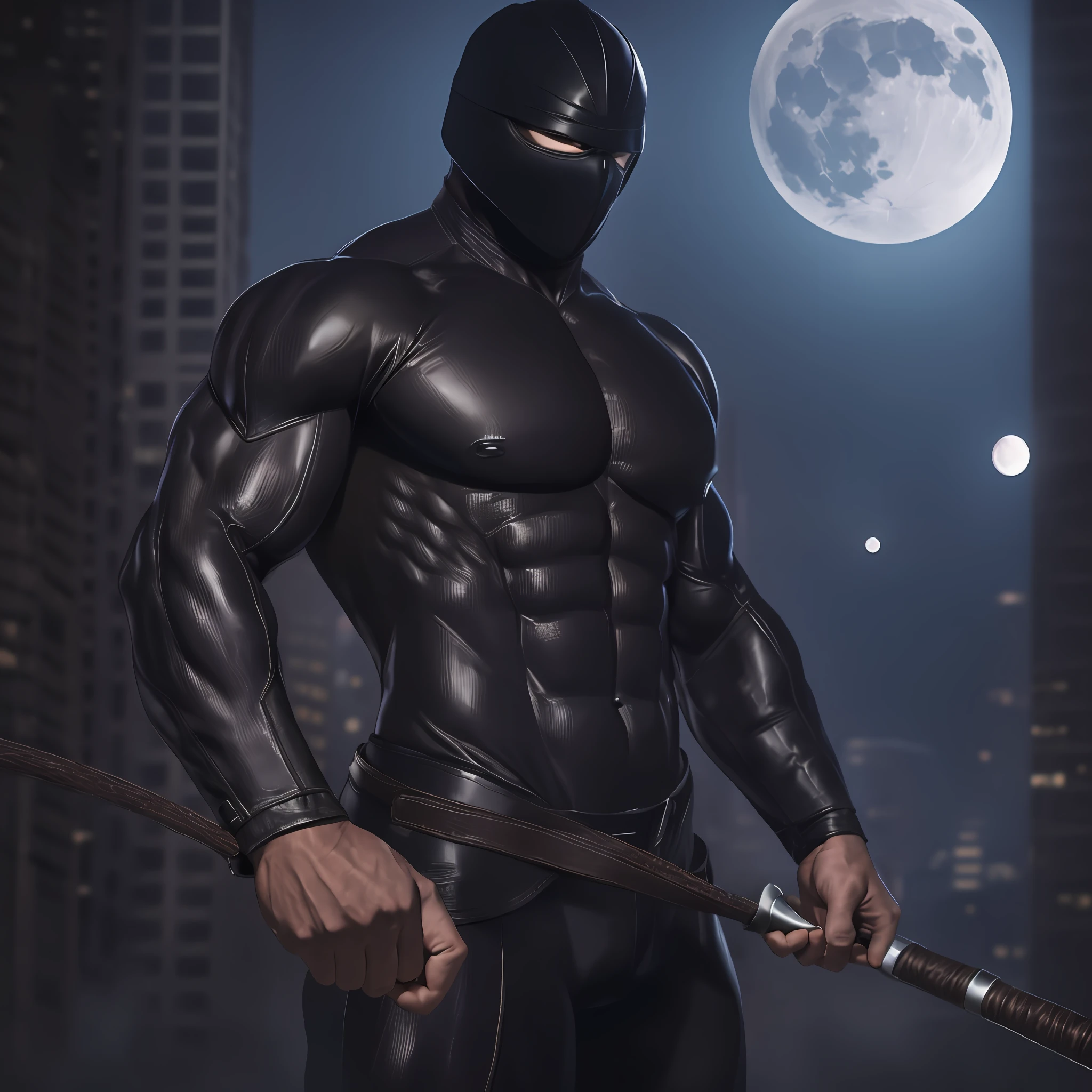 m muscular man in black suit, super realistic, standing, holding a leather whip, in the background a city, with a beautiful moon, the city covered a mysterious mist, hiding his face, professional photo, hd, 64k, canon camera, nostalgic