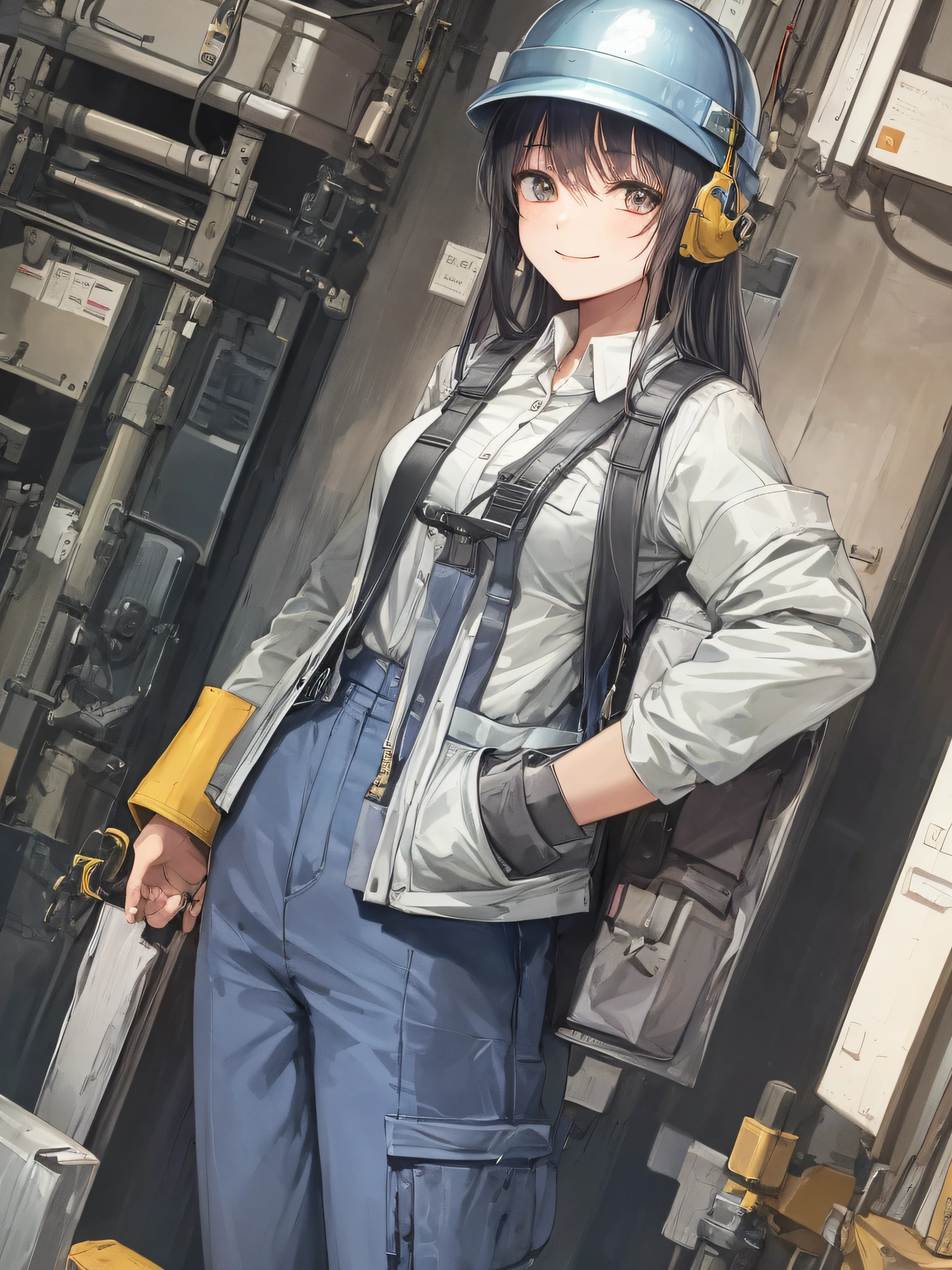1 girl, engineer, wearing work clothes, long pants, worker helmet, google, cute, looking viewer, holding a measuring stick in hand, metalworking, girl smiling, background simple, PC by her side