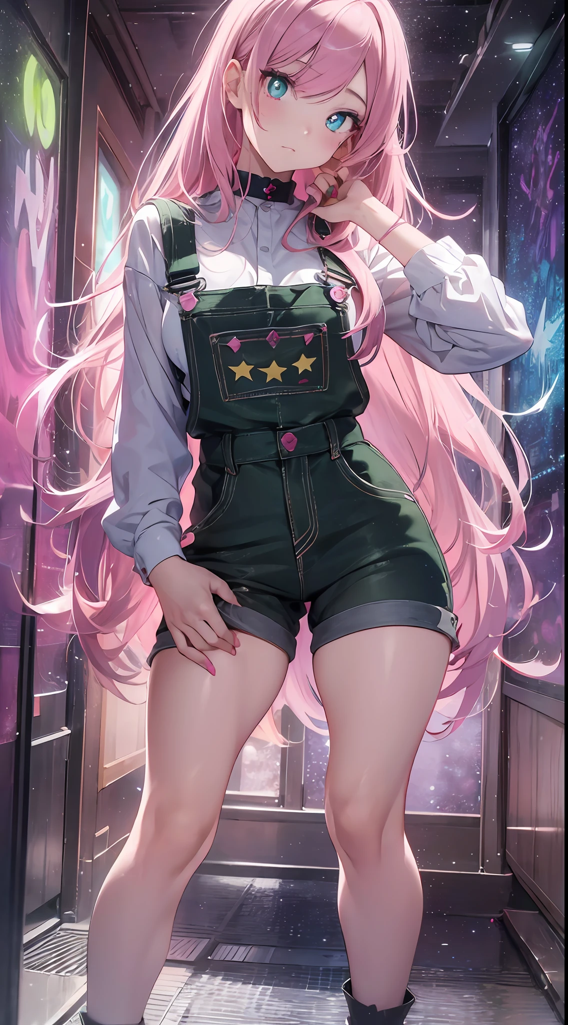 (Masterpiece) full body (one girl) (pink hair, long hair, straight hair, both sides up) (green eyes), beautiful face, eyeshadow, eyeliner, glowing eyes, hyper detail eyes, complex eyes, beautiful eyes, detailed eyes, ((star-shaped pupils, glowing pink pupils)) 18 year old girls. Wearing overalls.ペンキまみれ