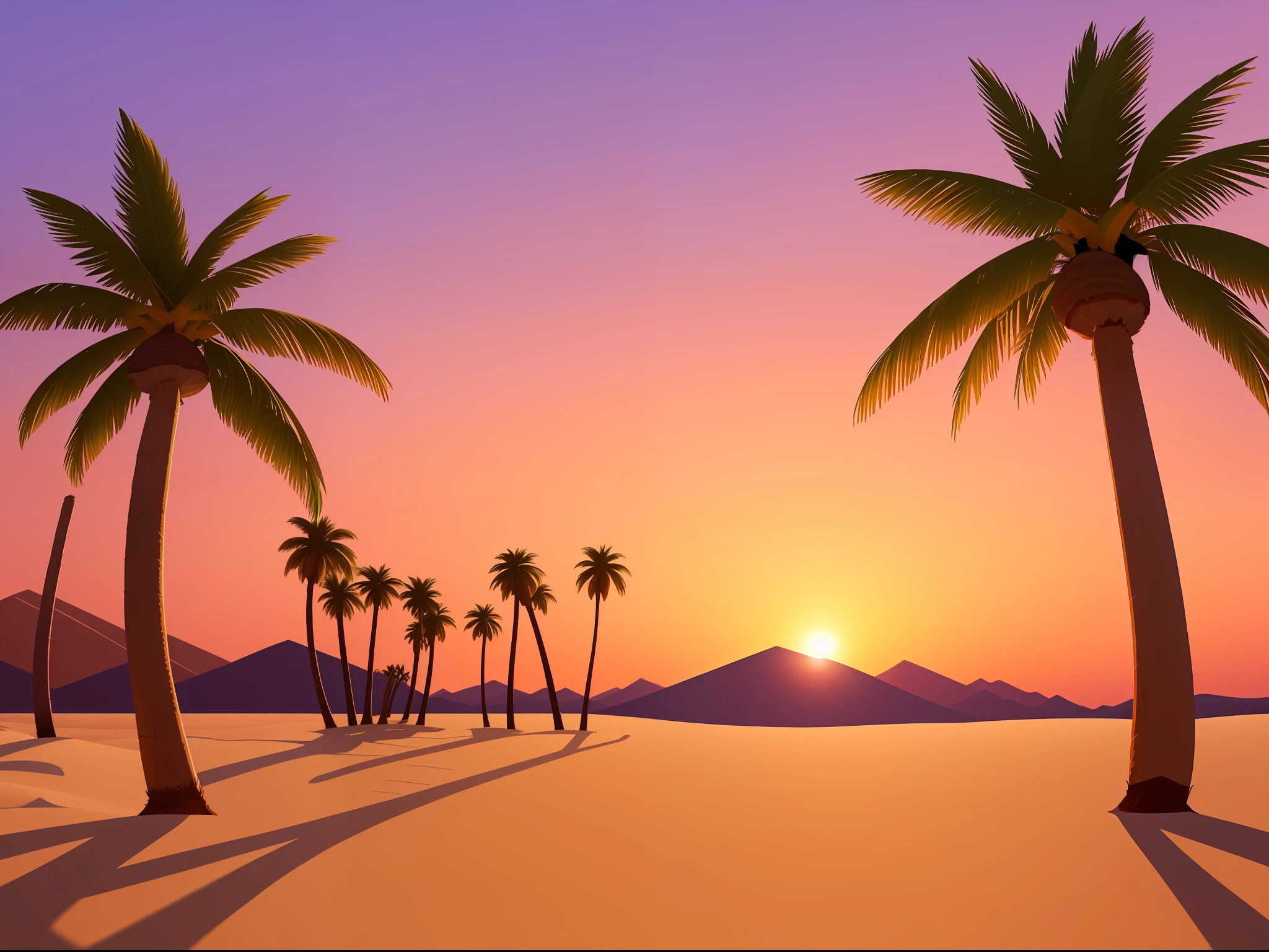 desert (dunes) (1large coconut tree) (1small coconut tree) (1cactus), in a very beautiful sunset