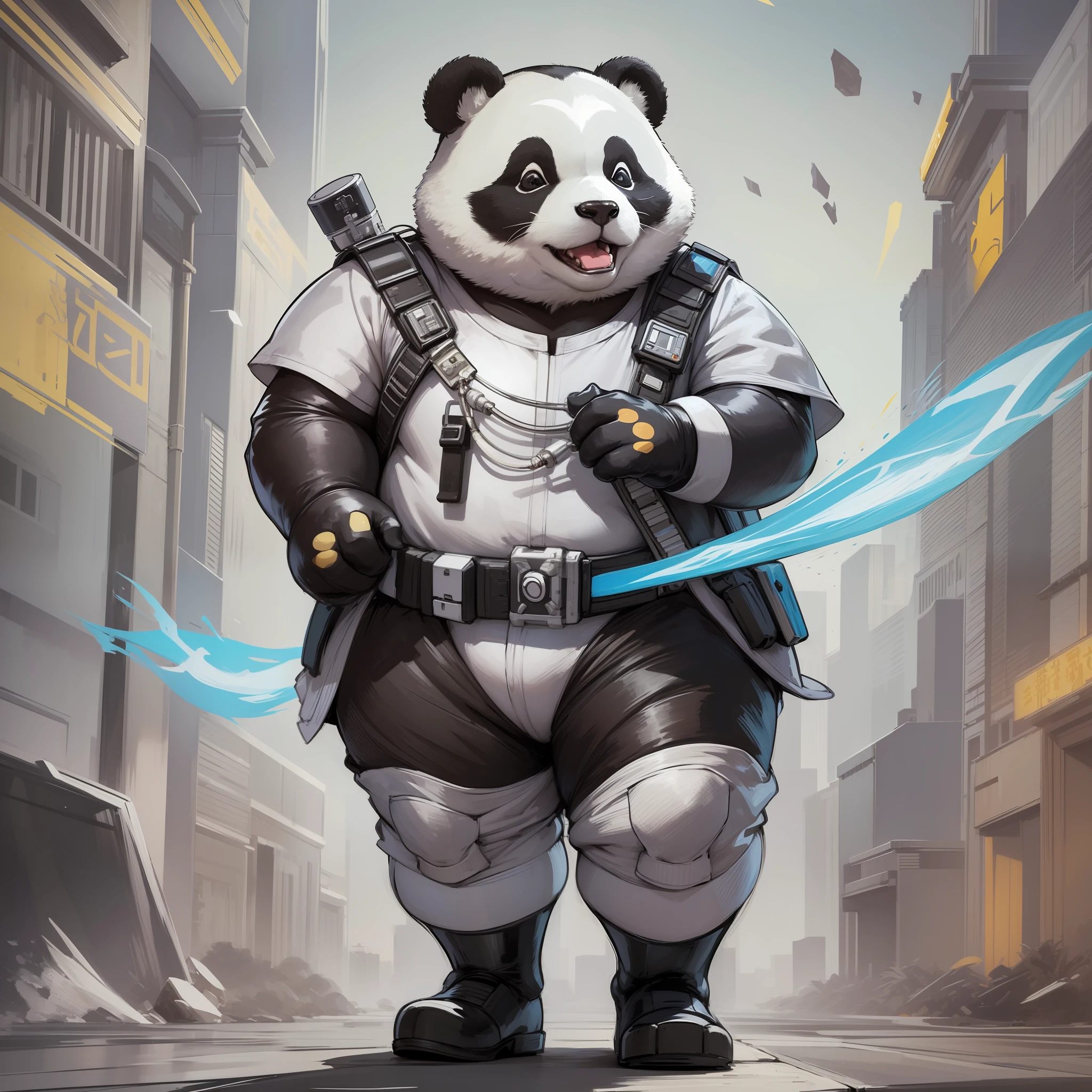 A cute and chubby panda, humanized face, full body, all white with colorful details, as if he were the protagonist of disney live action, guardians of the galaxy, hyperrealism, pyxar Art, that the face is humanized for facial recognition