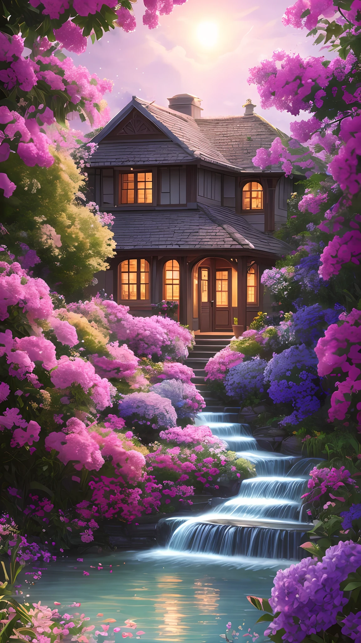 Masterpiece, best quality, high quality, extremely detailed CG unity 8k wallpaper, a house, windows, pink and purple flowers that glow in the sun, water drops on the flowers, light blue leaves, digital illustration, complex, trending, award winning photography, bokeh, depth of field, HDR, bloom, chromatic aberration, realism, very detailed, artstation trend, CGsociety trend, complex, high detail, dramatic, midjourney art