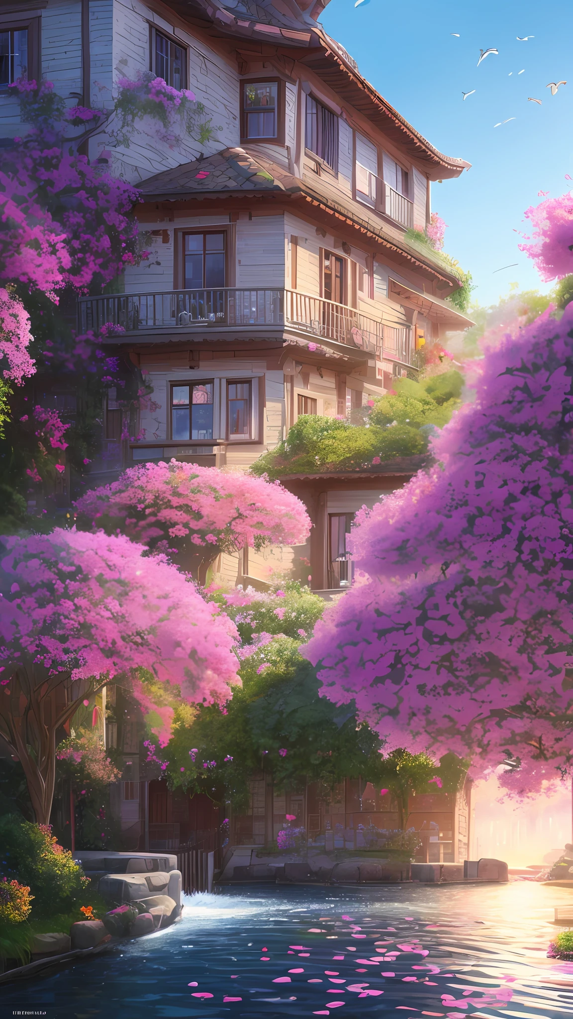 Masterpiece, best quality, high quality, extremely detailed CG unity 8k wallpaper, a house, windows, pink and purple flowers that glow in the sun, water drops on the flowers, light blue leaves, digital illustration, complex, trending, award winning photography, bokeh, depth of field, HDR, bloom, chromatic aberration, realism, very detailed, artstation trend, CGsociety trend, complex, high detail, dramatic, midjourney art