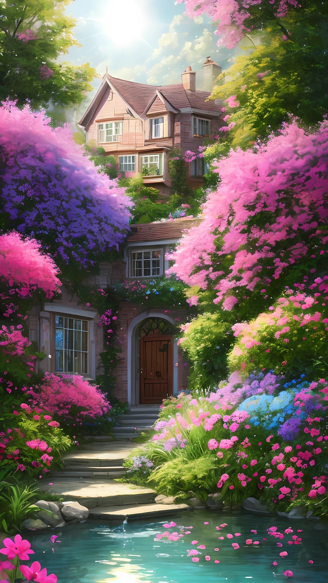 Masterpiece, best quality, high quality, extremely detailed CG unity 8k wallpaper, a house, windows, pink and purple flowers that glow in the sun, water drops on the flowers, light blue leaves, digital illustration, complex, trending, award winning photography, bokeh, depth of field, HDR, bloom, chromatic aberration, realism, very detailed, artstation trend, CGsociety trend, complex, high detail, dramatic, midjourney art
