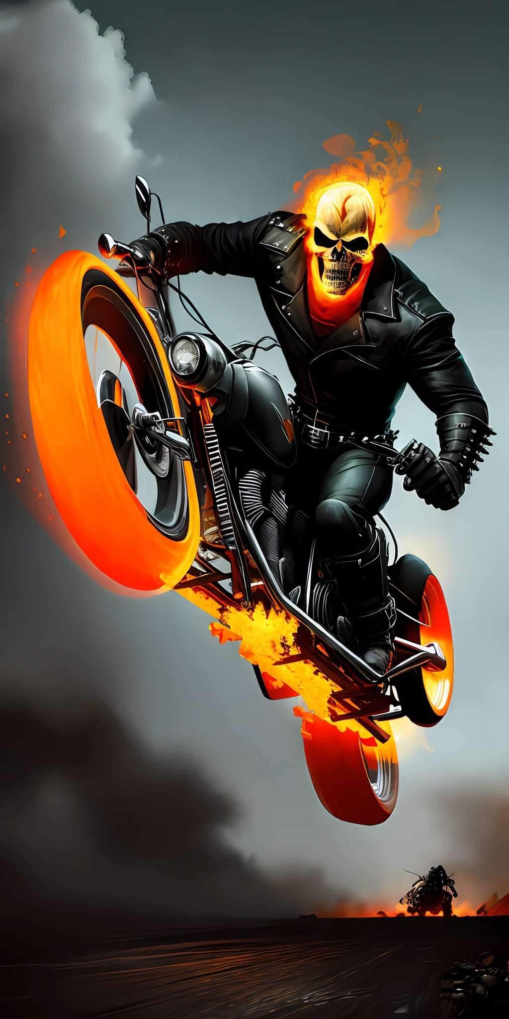 High Quality, Cinematic Beam, Photorealistic Digital Art Illustration Film Still from Ghostrider (Christian Motorcycle Riding: 1.4), (Kneeling: 1.5) and (Screaming: 1.2) Up to the Sky, Chain Hold, , Realistic Skull, Epic Lighting, Cinematic Lighting high definition (detailed image:1) insane detail smooth hyper realistic (highly detailed:1.2) masterpiece 8k uhd digital art style trending on artstation riding a harley motorcycle
