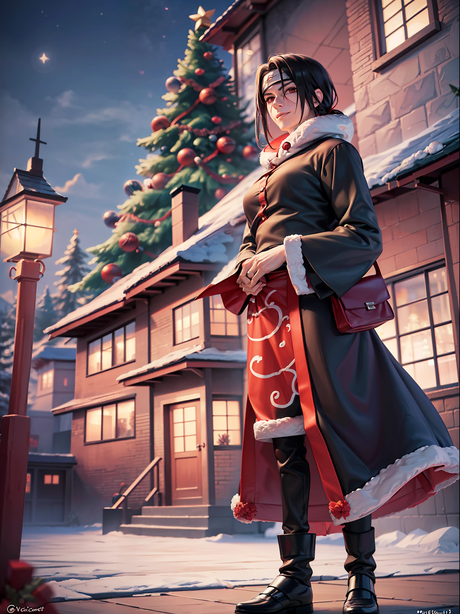 ((Full body):1.5), {uchiha itachi}, Just {uchiha itachi} ((with Christmas raje extremely, holding a gift bag):1.3)), Only {uchiha itachi} ((looking at the viewer, with a look of happiness and manic smile on his face):1.3), ((Inside a house in front of a chimney with a large Christmas tree next to it)), anime, anime-style,  16k, high resolution, ((best quality, high details:1.5), UHD, ((masterpiece))