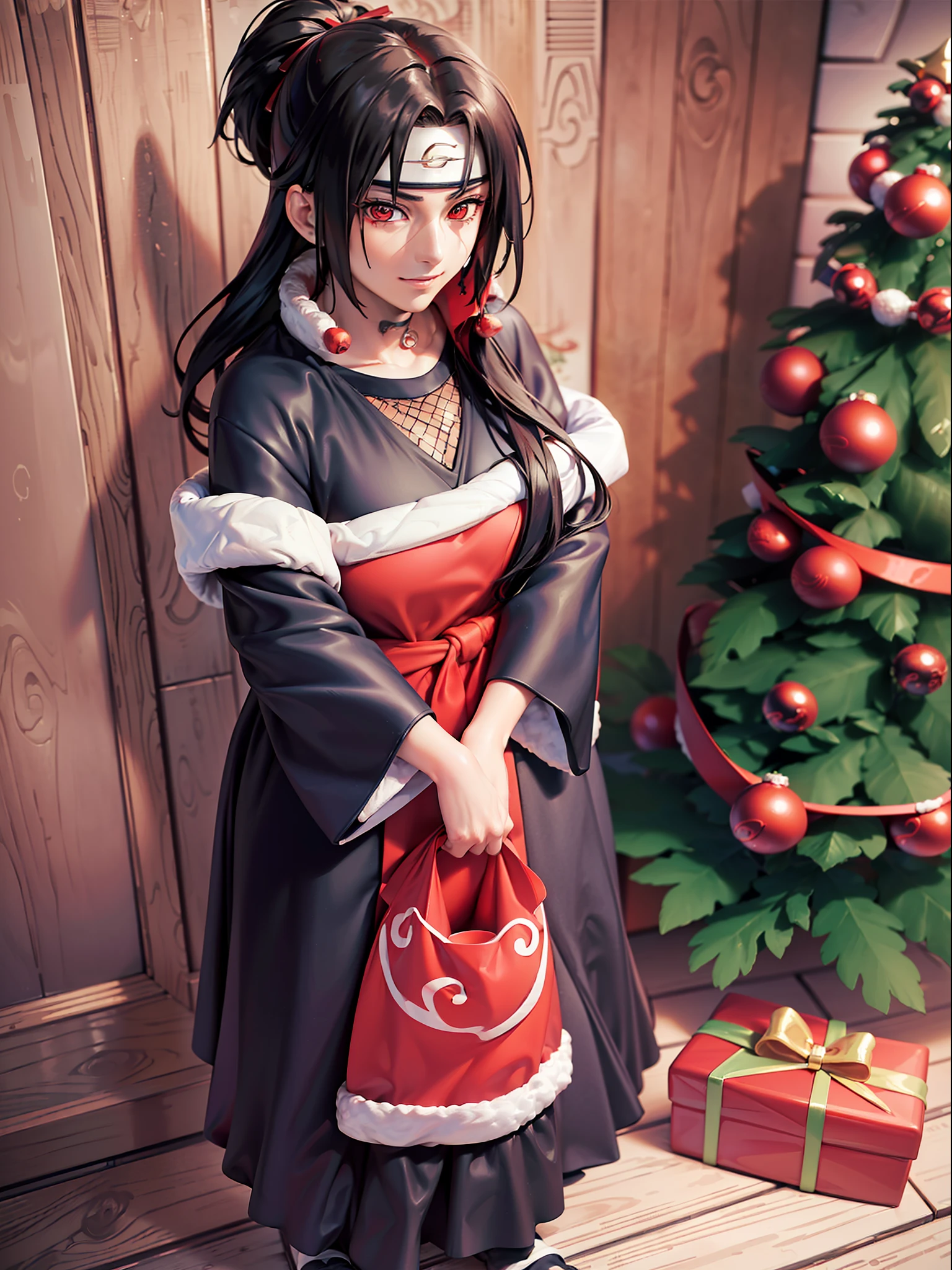 ((Full body):1.5), {uchiha itachi}, Just {uchiha itachi} ((with Christmas raje extremely, holding a gift bag):1.3)), Only {uchiha itachi} ((looking at the viewer, with a look of happiness and manic smile on his face):1.3), ((Inside a house in front of a chimney with a large Christmas tree next to it)), anime, anime-style,  16k, high resolution, ((best quality, high details:1.5), UHD, ((masterpiece))