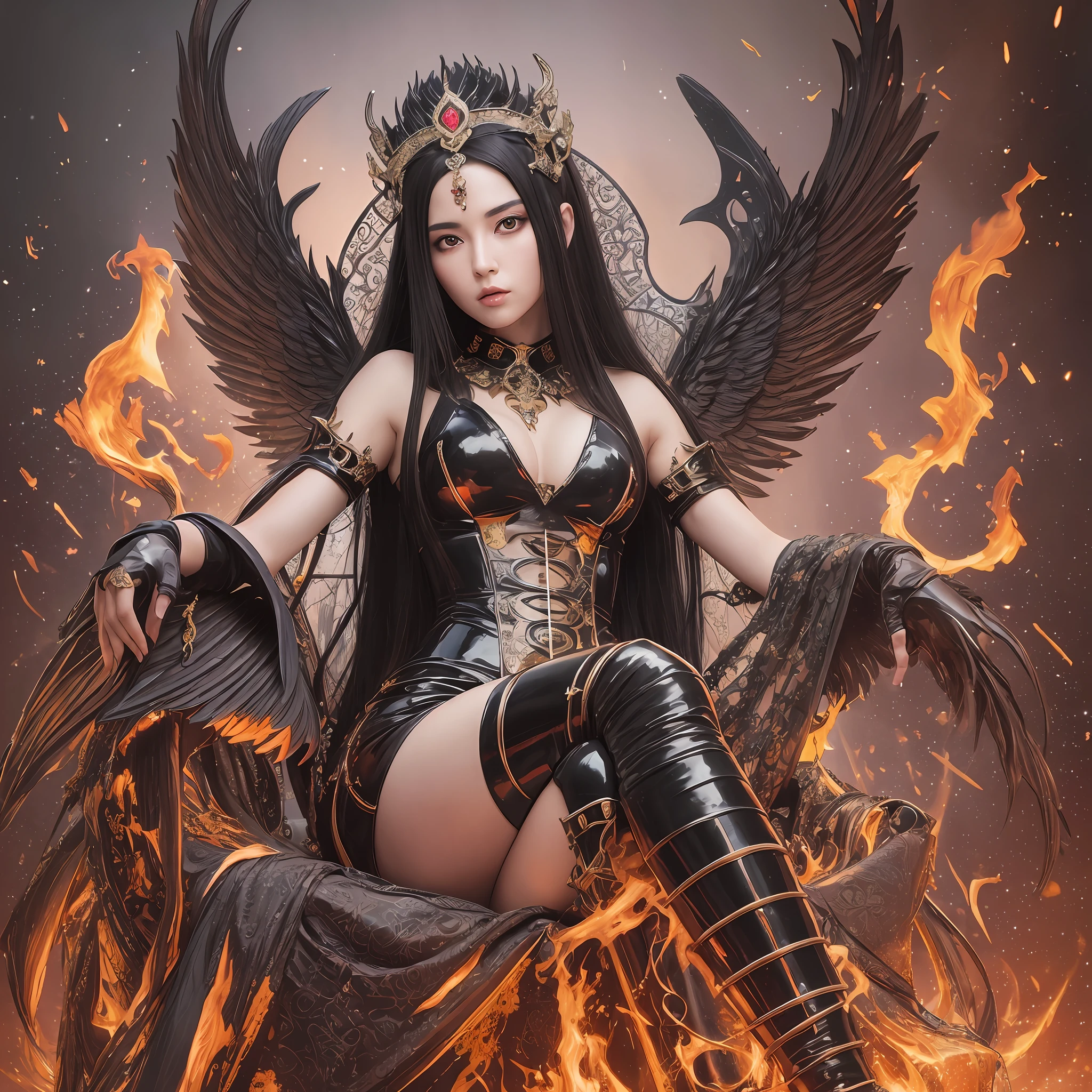 fire empress,long black hair,latex suit,sitting on a throne,metal crown,fire wings,hell,baroque art,detailed face,masterpiece,4k,ultra detailed,hyper realistic