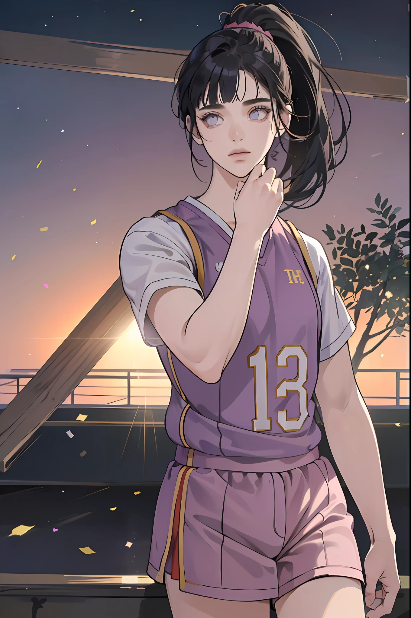 (8k, best quality, masterpiece:1.2), (realistic, photo-realistic:1.37), ultra-detailed,best quality, ultra high res, professional lighting, photon mapping, radiosity, physically-based rendering, cinematic lighting, ((basketball court)),depth of field, sharp focus,sunbeam, good composition,(bokeh:1.2) 1girl,solo,(full body), (closed mouth),beautiful detailed eyes, pose, narrow waist,(((basketball uniform))),messy hair,long hair floating in wind,(ulzzang-6500:1.2)
mix4, hiqcgbody, ((blunt bangs)), dark blue hair, purple eyes, ((ponytail)), medium breast, (((1 girl)))