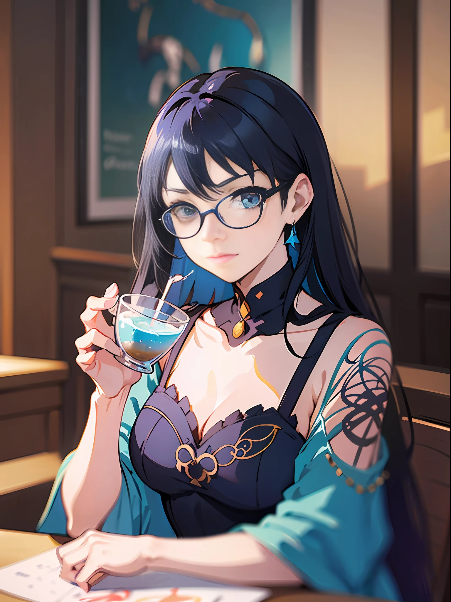 cute girl in blue dress black hair black wayfarer glasses sitting psychedelic patterns inside cafe holding cup of coffee with background by greg rutkowski makoto shinkai kyoto animation key art feminine mid shot, professional ominous concept art, by artgerm and greg rutkowski, an intricate, elegant, highly detailed digital painting, concept art, smooth, sharp focus, illustration, --auto --s2