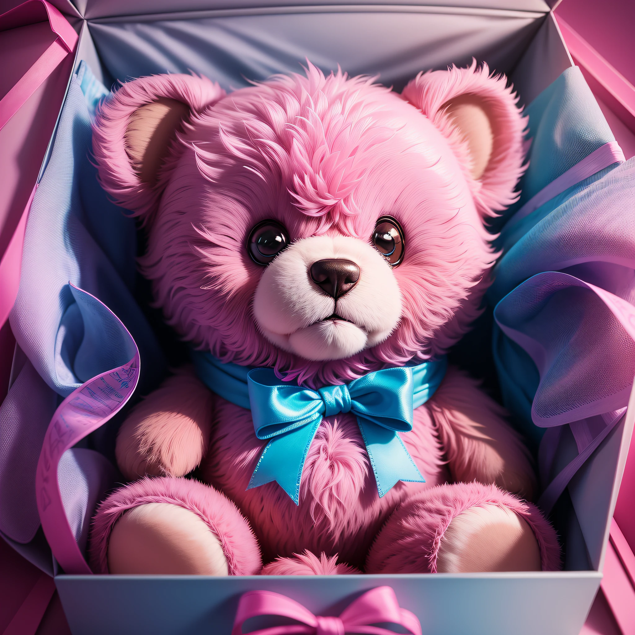 Teddy bear inside a gift box, pink and blue neon background, 8k, uhd, severe low lighting, high quality, sharp focus, fujifilm XT3 --auto --s2