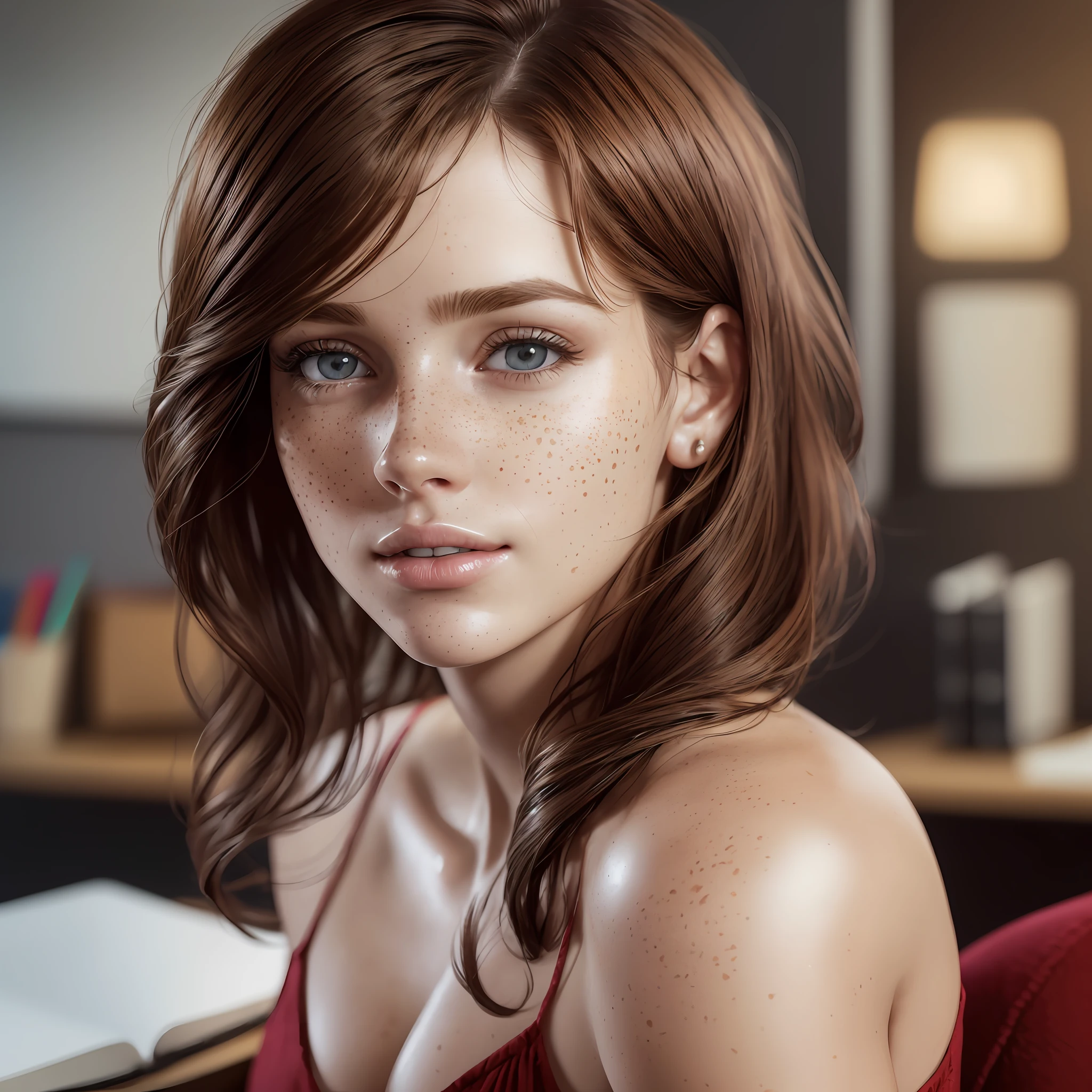 Woman with realistic brown hair, light eyes, perfect and flushed lips, 30 years old, dressed in red dress shirt, freckles on the body, (freckles) ((ultra realistic skin)), ((perfect skin), skin textures, light and shadows, hyperdetailed, ultra realistic, perfect lighting, photorealistic, highly detailed, perfect, hyperrealistic, real person, lots of sharpness, cinematic lighting, sitting on the desk facing a notebook, Modern office room, realistic details, insane detail, natural lighting, natural skin, wallpaper Resolution: 16 x 9 --auto --s2
