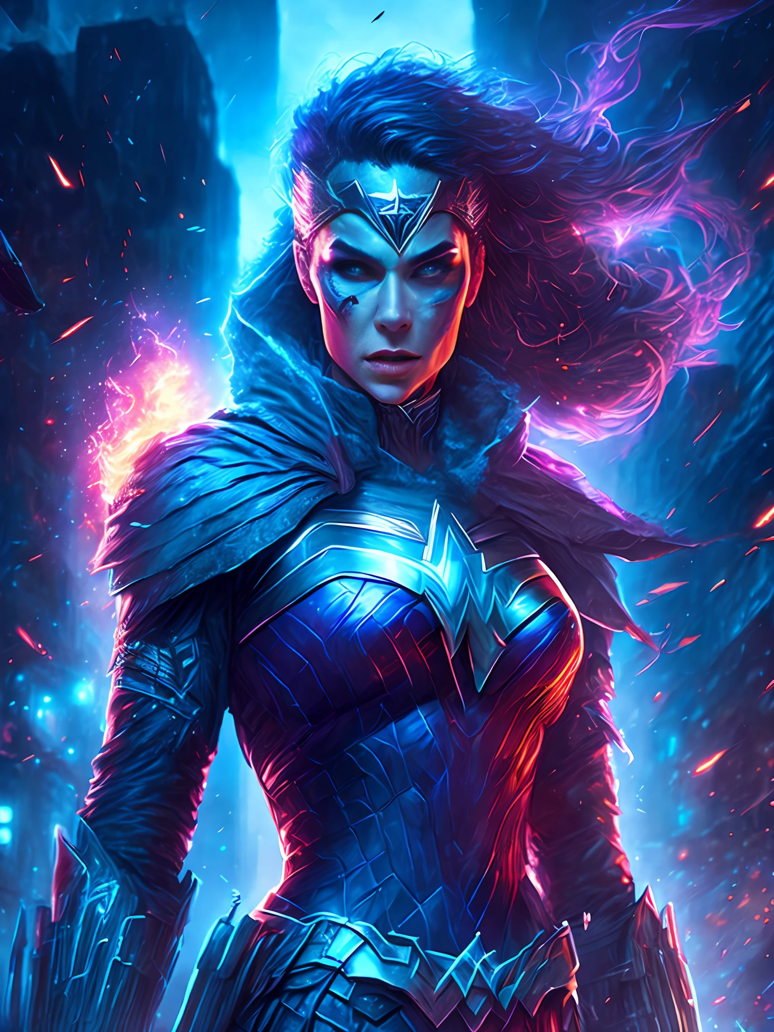 gloomy portrait of Zombie Wonder Woman from DC, extremely detailed, futuristic cityscape, nighttime, glowing neon lights, smoke, sparks, metal shavings, flying debris, blue energy effects, volumetric light