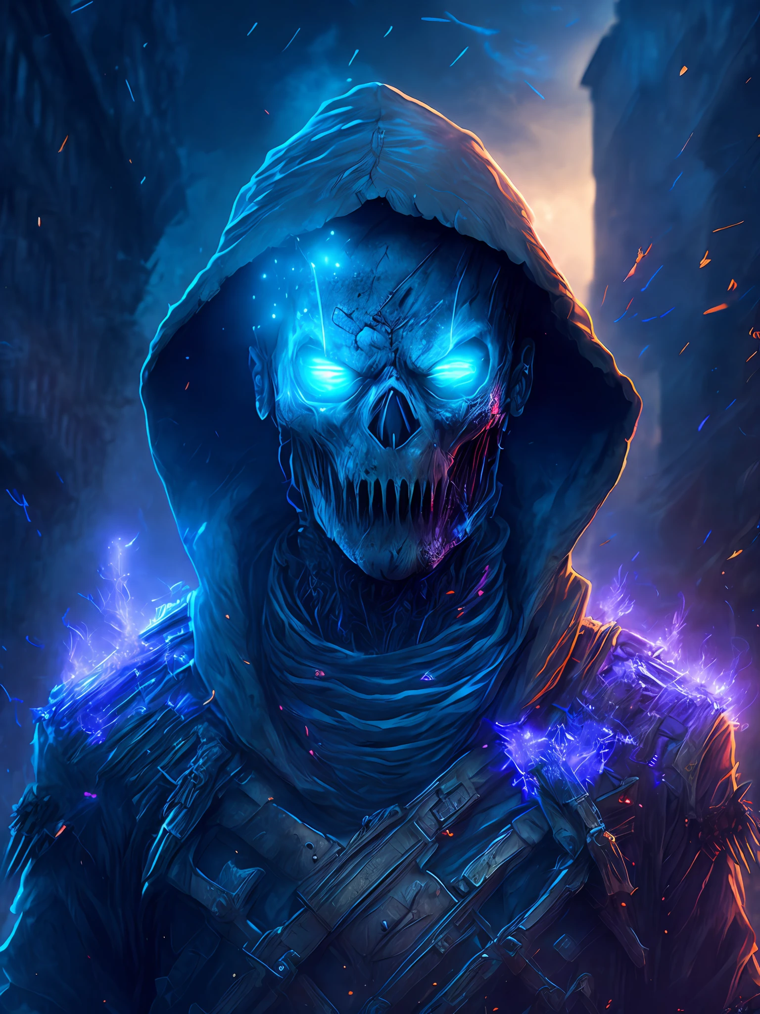 gloomy portrait of Zombie Scarecrow from DC, extremely detailed, futuristic cityscape, nighttime, glowing neon lights, smoke, sparks, metal shavings, flying debris, blue energy effects, volumetric light