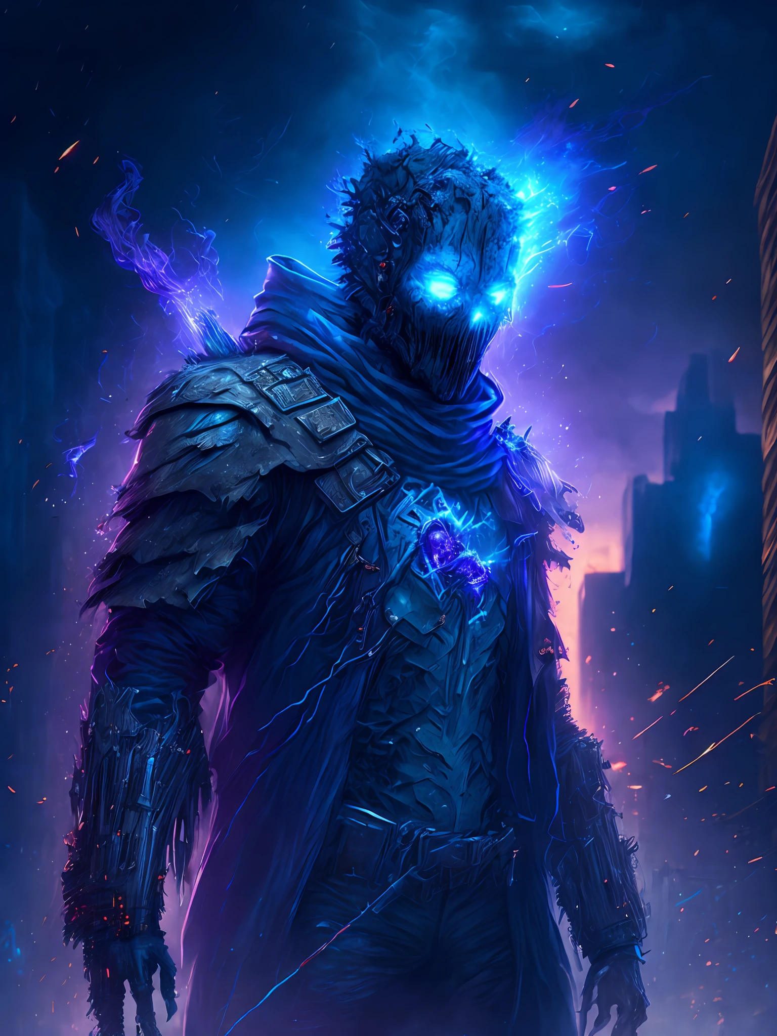 gloomy portrait of Zombie Scarecrow from DC, extremely detailed, futuristic cityscape, nighttime, glowing neon lights, smoke, sparks, metal shavings, flying debris, blue energy effects, volumetric light
