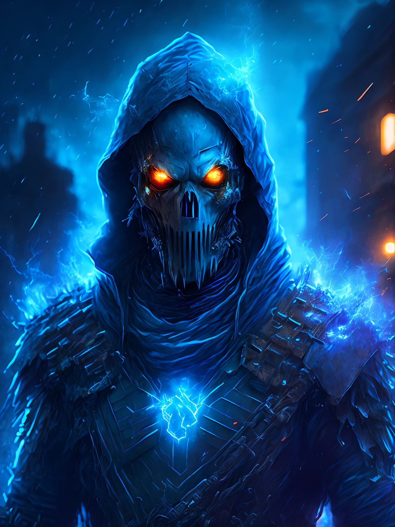 gloomy portrait of Zombie Scarecrow from DC, extremely detailed, futuristic cityscape, nighttime, glowing neon lights, smoke, sparks, metal shavings, flying debris, blue energy effects, volumetric light