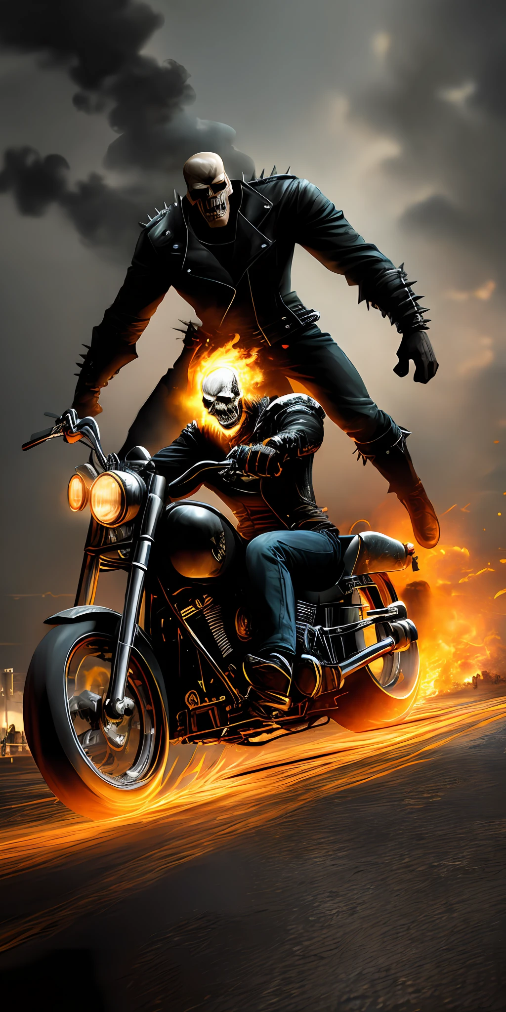 High Quality, Cinematic Beam, Photorealistic Digital Art Illustration Film Still from Ghostrider (Christian Motorcycle Riding: 1.4), (Kneeling: 1.5) and (Screaming: 1.2) Up to the Sky, Chain Hold, , Realistic Skull, Epic Lighting, Cinematic Lighting high definition (detailed image:1) insane detail smooth hyper realistic (highly detailed:1.2) masterpiece 8k uhd digital art style trending on artstation riding a harley motorcycle