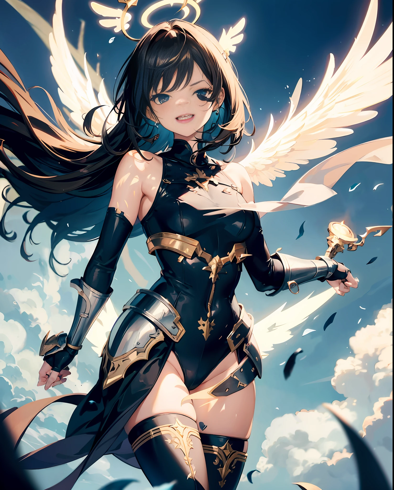 fantasy, 1angel_girl, loli,brown_hair, medium_bob_hair, long_bangs, halo,bare_shoulder, thighhighs,silver_armor, waist_armor, medium_breasts,angry,smile,open_mouth_teeth, 1pair_ wings, dynamic_pose_flying,floating, bare_crotch, headgear,gauntlet, greaves,city_sky_background,slightly_spread_legs, solo, groin