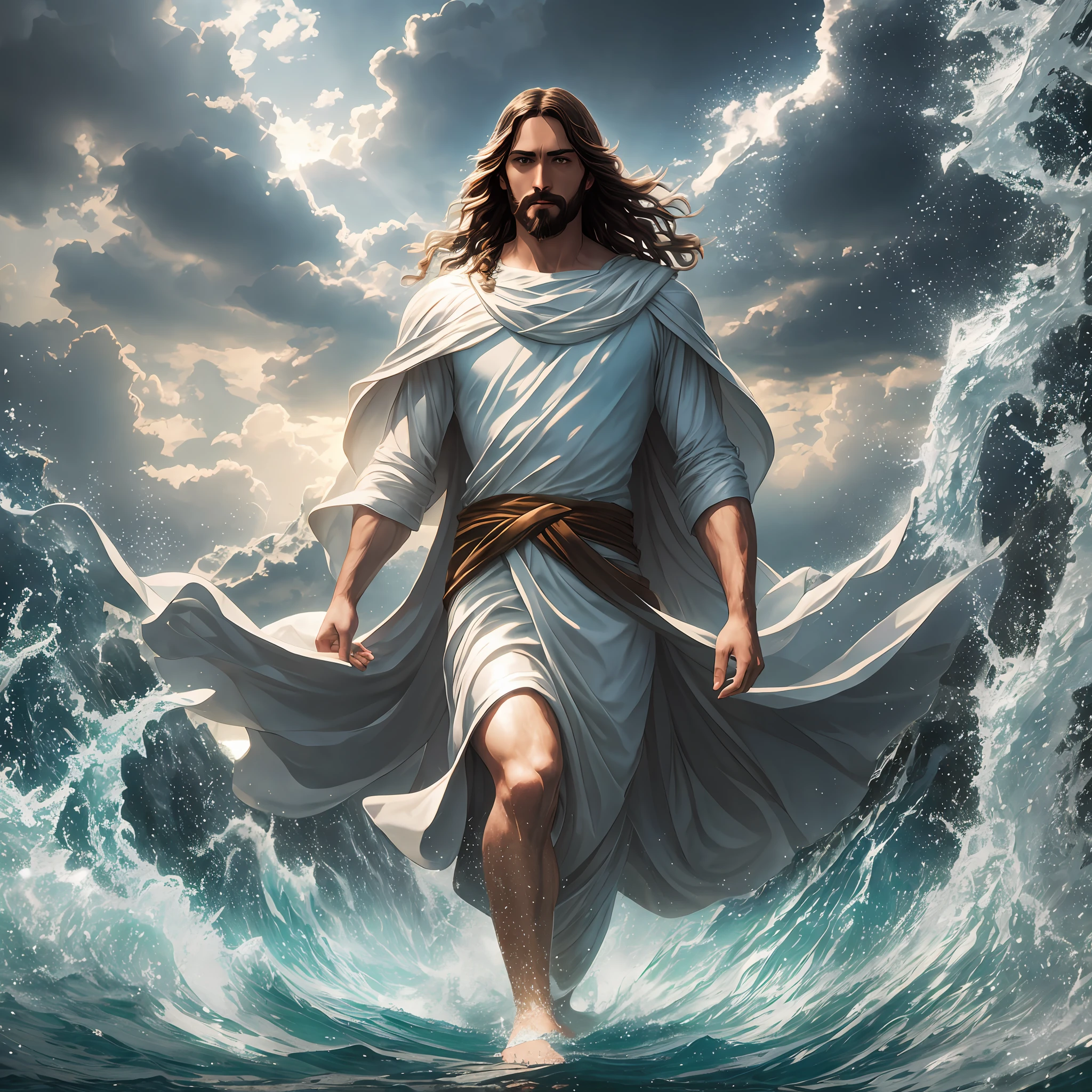 Jesus walking on water in a storm, soft expression, streaks of light descending from the sky, masterpiece, high quality, high quality, highly detailed CG unit 8k wallpaper, award-winning photos, bokeh, depth of field, HDR, bloom, chromatic aberration, realistic, very detailed, trend in artstation, trend in CGsociety, complex, high detail, dramatic, art in the middle of the journey, Volumetric lighting, feet on water. --auto --s2