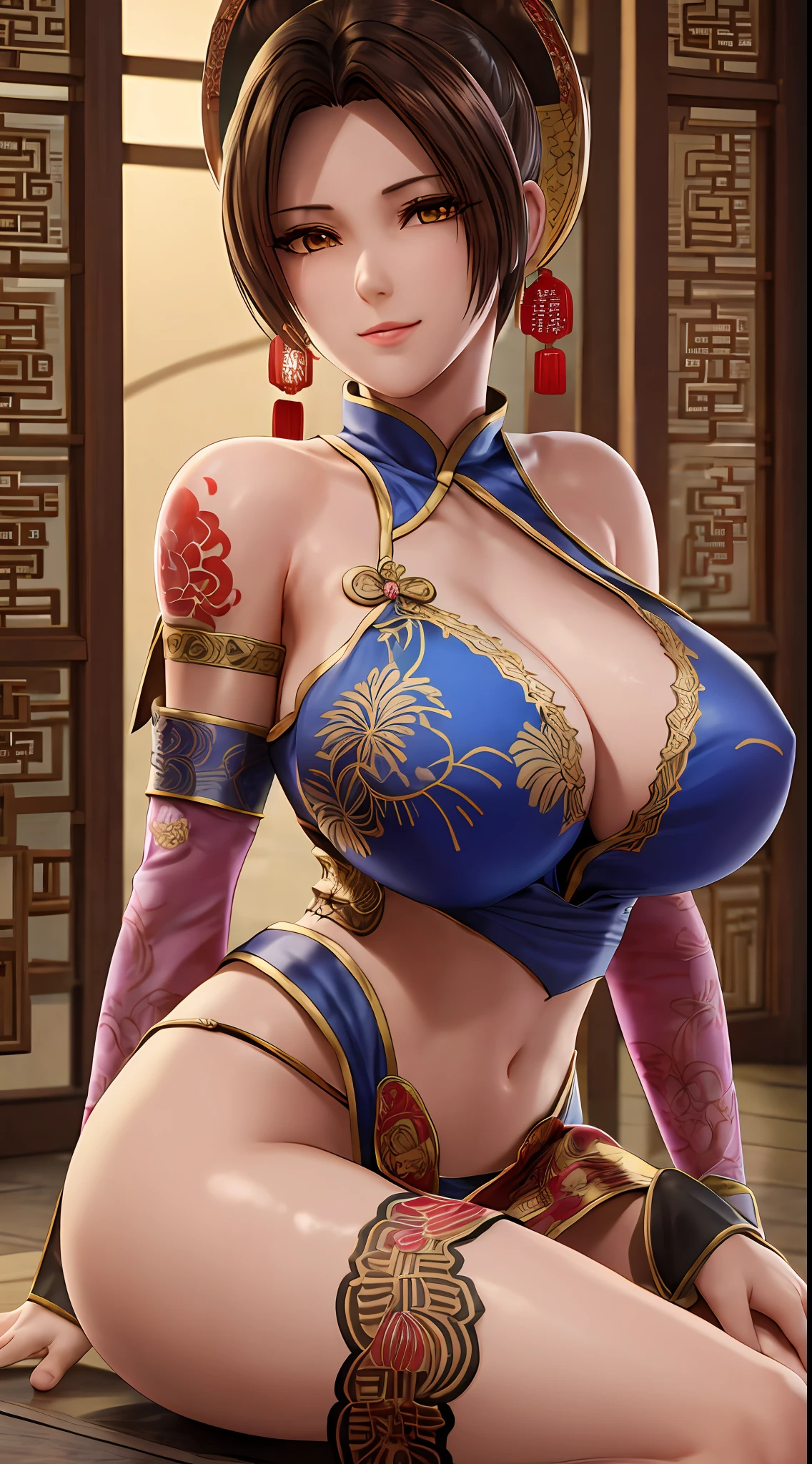 nighttime,full body,KOF:Mai Shiranui ,(((Wearing Transparent ancient Chinese palace embroidery clothing;Golden lace))), Jewelry ,Elegant sitting posture,Masterpiece,best quality,official art,extremely detailed, 3D, Cinema 4D,8k,photorealistic:1.4, ( ##color-tattoo ##,color-tattoo, ~+color-tattoo),(Perfect female curves, huge stacked breast),(A seductive gaze), Facing the camera, Pink lips,Delicate fingers and hands,magic hour, Rembrandt lighting, front lighting and fill lighting, hard shadow,