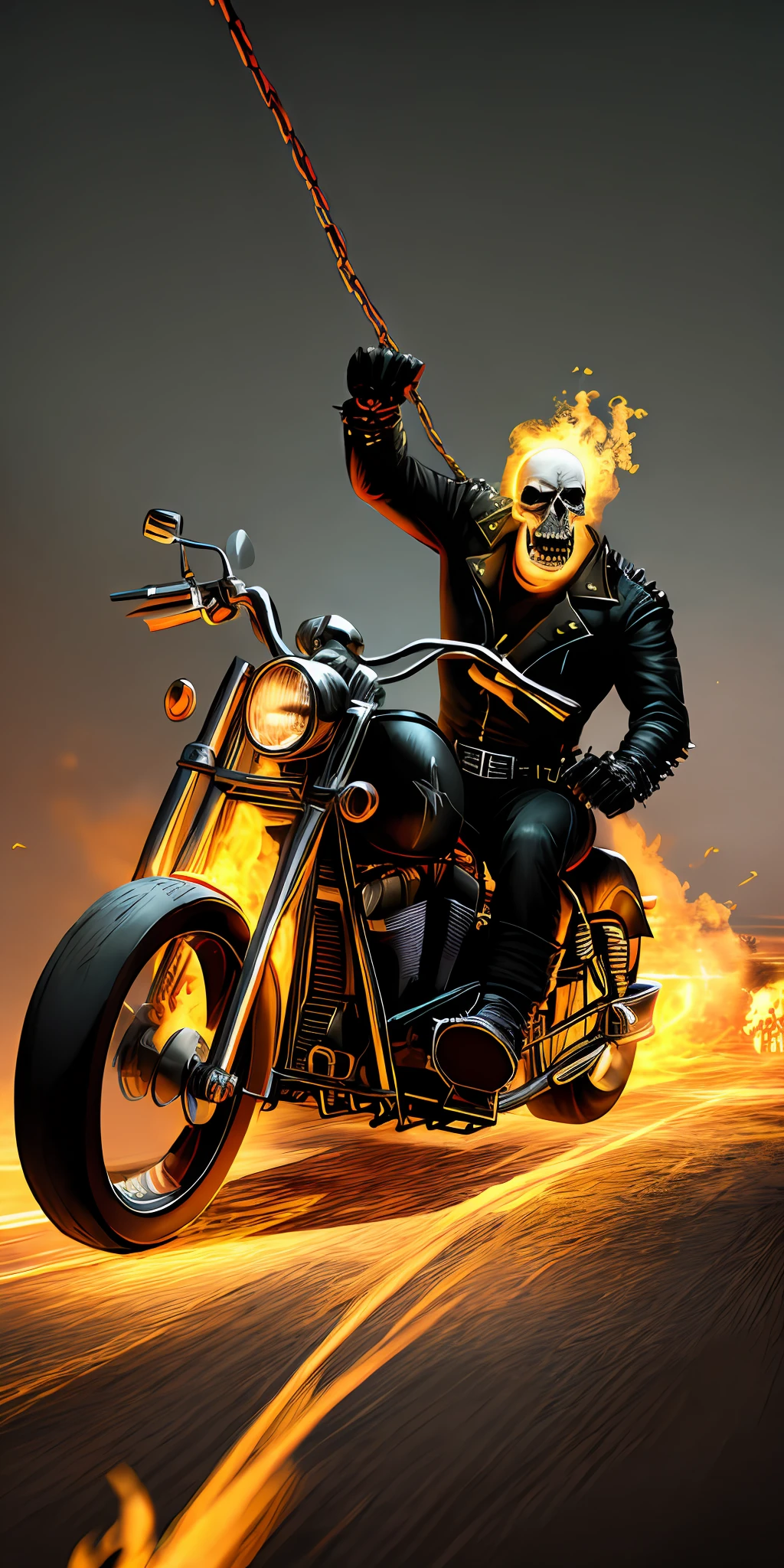 High Quality, Cinematic Beam, Photorealistic Digital Art Illustration Film Still from Ghostrider (Christian Motorcycle Riding: 1.4), (Kneeling: 1.5) and (Screaming: 1.2) Up to the Sky, Chain Hold, , Realistic Skull, Epic Lighting, Cinematic Lighting high definition (detailed image:1) insane detail smooth hyper realistic (highly detailed:1.2) masterpiece 8k uhd digital art style trending on artstation riding a harley motorcycle