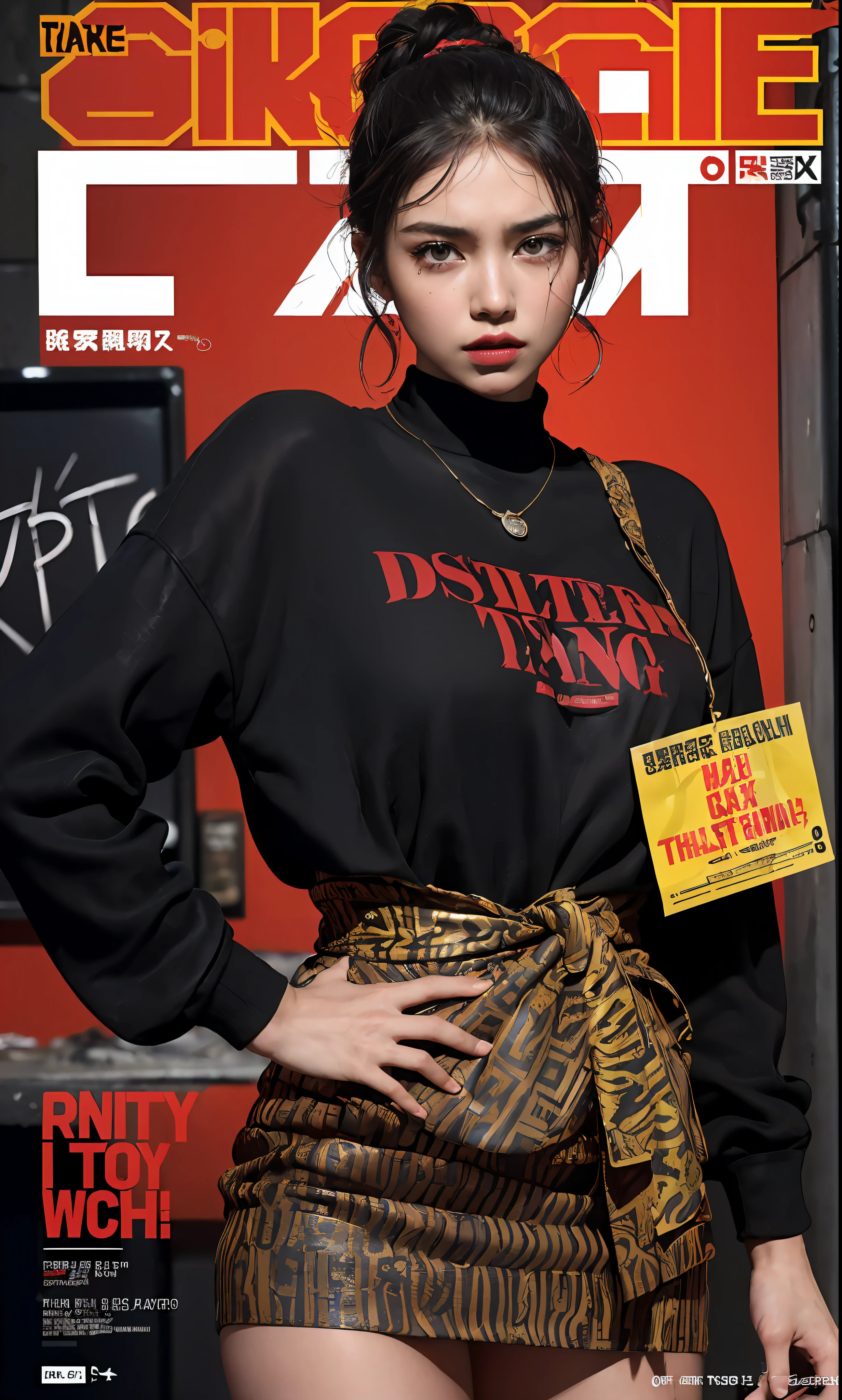 (Mesterpiece, best quality),((((dramatic))), (((gritty))), (((intense))) film poster featuring a young woman as the central character. She stands confidently in the center of the poster, wearing a stylish and edgy outfit with batik motive, with a determined expression on her face. The background is dark and gritty, with a sense of danger and intensity. The text is bold and attention-grabbing, with a catchy tagline that adds to the overall feeling of drama and excitement. The color palette is mainly dark with splashes of vibrant colors, giving the poster a dynamic and visually striking appearance,tachi-e
(magazine:1.3), (cover-style:1.3), fashionable, woman, vibrant, outfit, posing, front, colorful, dynamic, background, elements, confident, expression, holding, statement, accessory, majestic, coiled, around, touch, scene, text, cover, bold, attention-grabbing, title, stylish, font, catchy, headline, larger, striking, modern, trendy, focus, fashion,