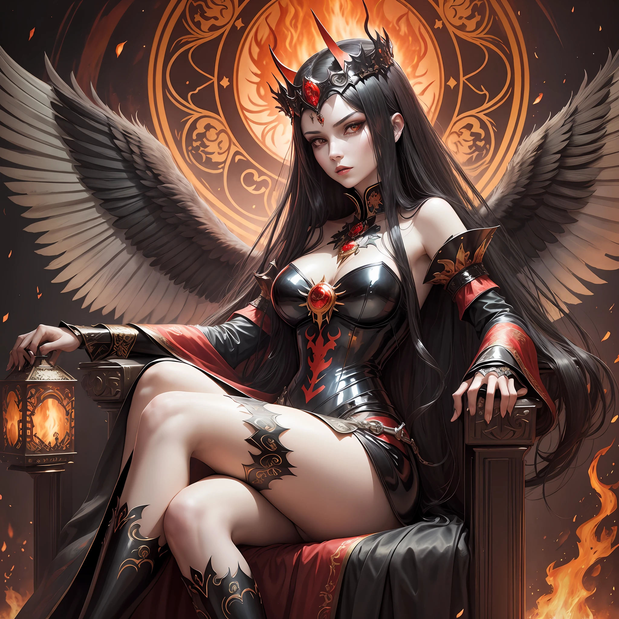 fire empress,long black hair,latex clothing,sitting on a throne,metal crown,masked servants in the background,fire wings,hell,art nouveau