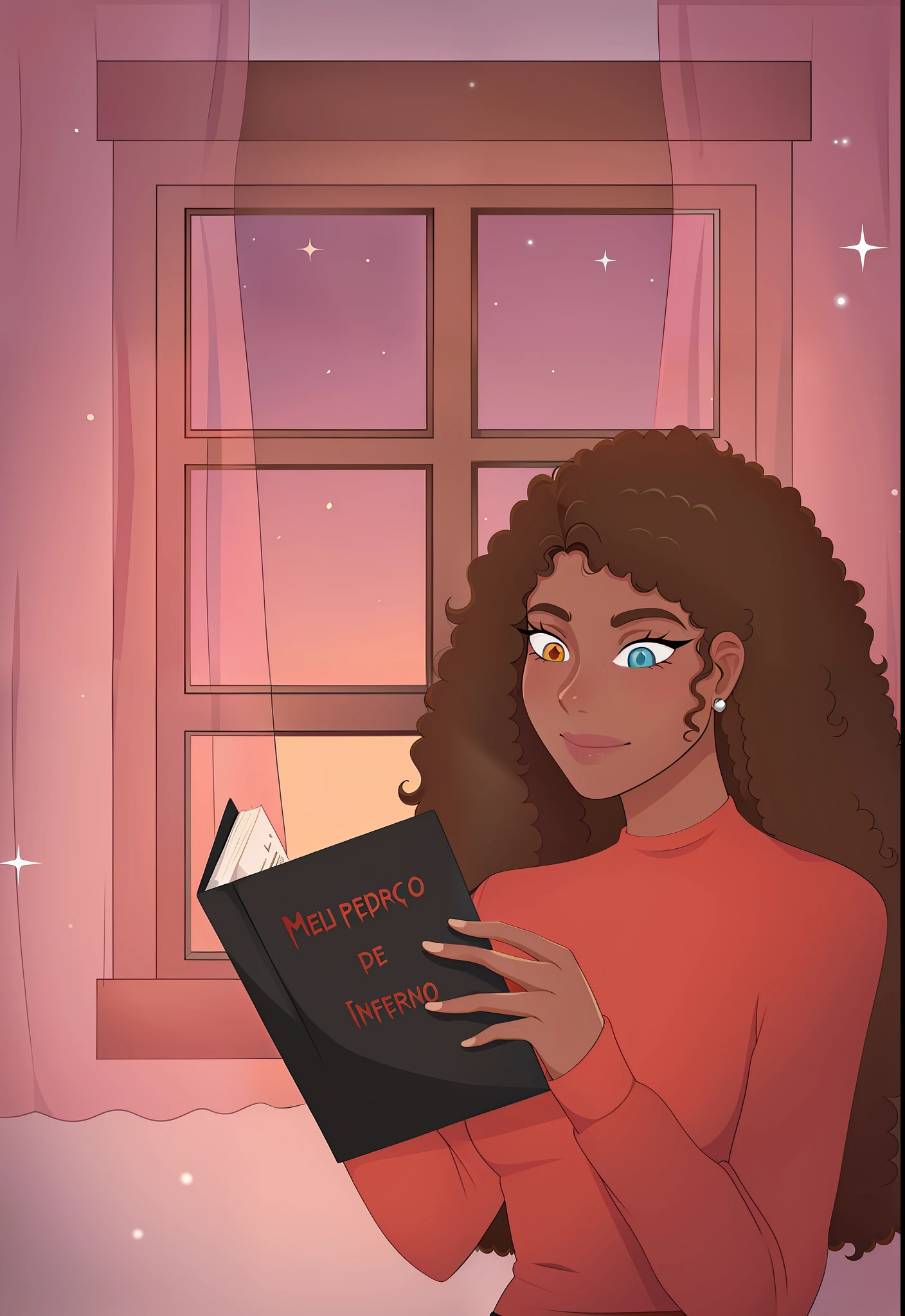cartoon girl reading a book in front of a window with a windowsill, infp girl, procreate illustration, lofi portrait in a window, character portrait of me, holding romance book, the title My piece of hell, in the style of bowater art, inspired by Izzy Medrano, inspired by Verónica Ruiz de Velasco