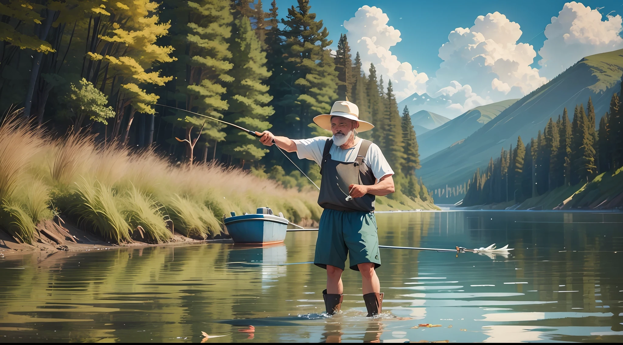 A happy fisherman by day pulling a fish with a hook --auto --s2
