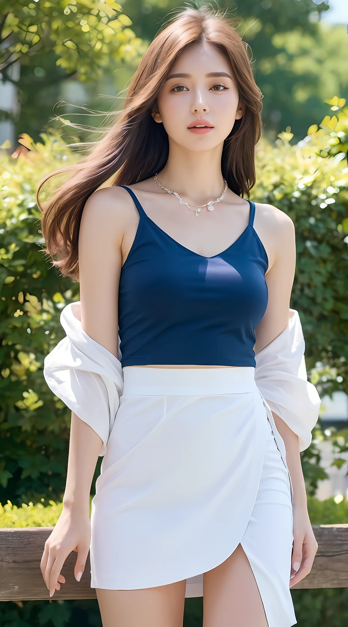 ((Best Quality, 8K, Masterpiece: 1.3)), Focus: 1.2, Perfect Body Beauty: 1.4, Buttocks: 1.2, ((Delicate Hair)), Highly Detailed Face and Skin Texture, Delicate Eyes, Double Eyelids, Whitened Skin, C-Cup, Necklace, Ring, Man in the Park, Blue Sky and White Clouds, Pink Slip Top, White Hip Wrapped Skirt, Panorama, Close Up, Exposed Thighs