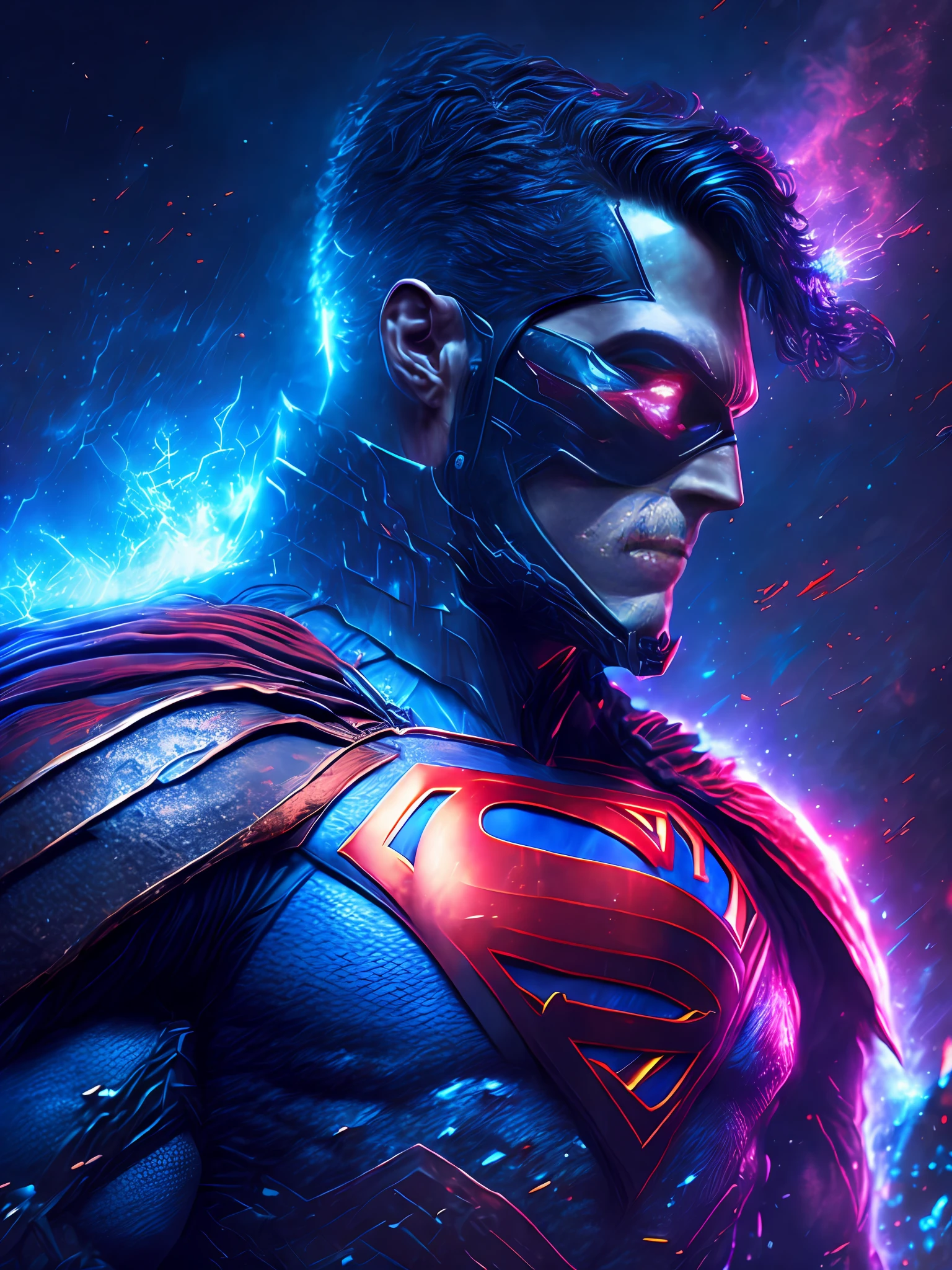 gloomy portrait of Superman Horseman of the Apocalypse from DC, extremely detailed, futuristic cityscape, nighttime, glowing neon lights, smoke, sparks, metal shavings, flying debris, blue energy effects, volumetric light